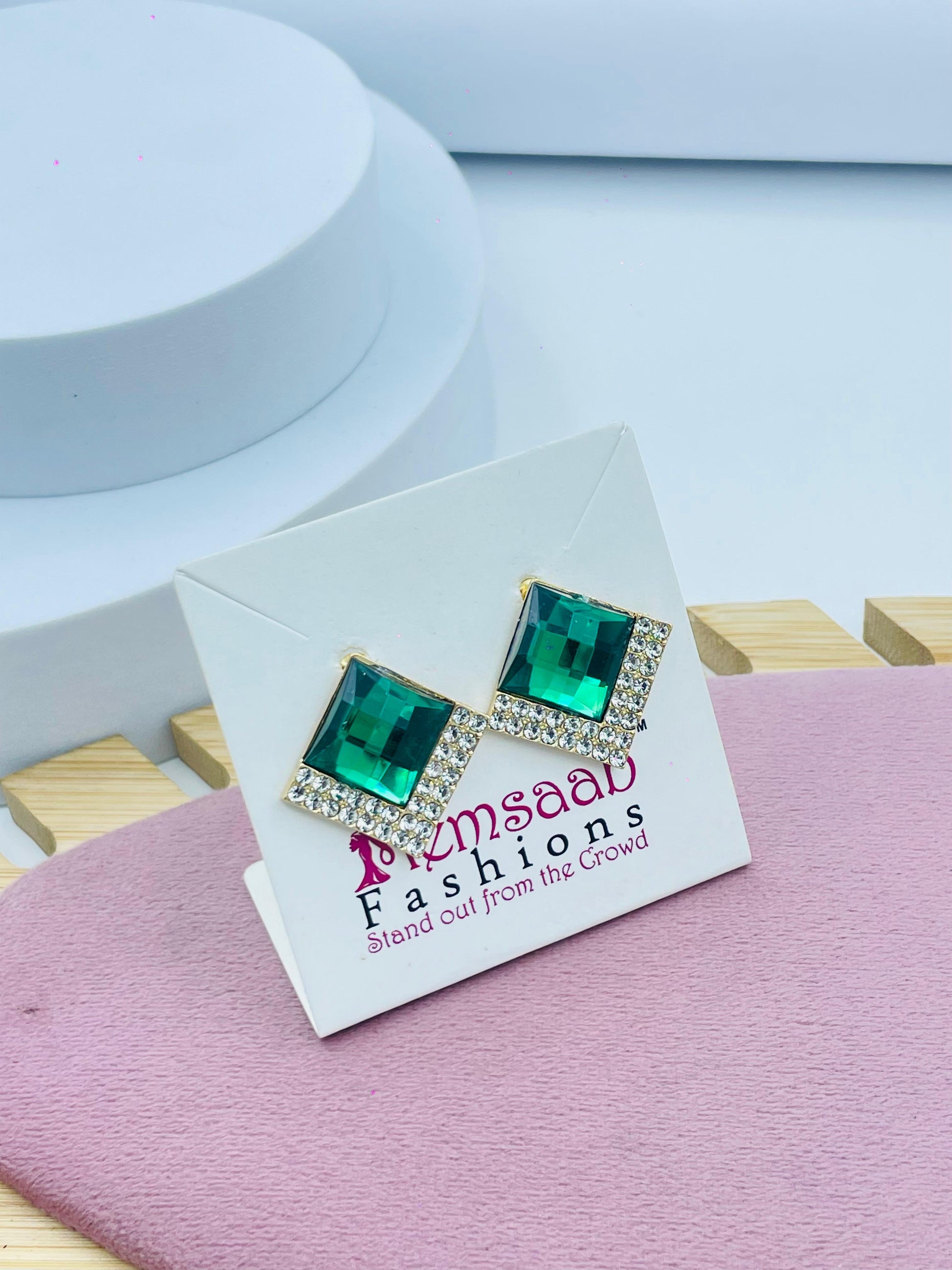 Emerald Green Square Stud Earrings with Crystals | Elegant Party Jewelry