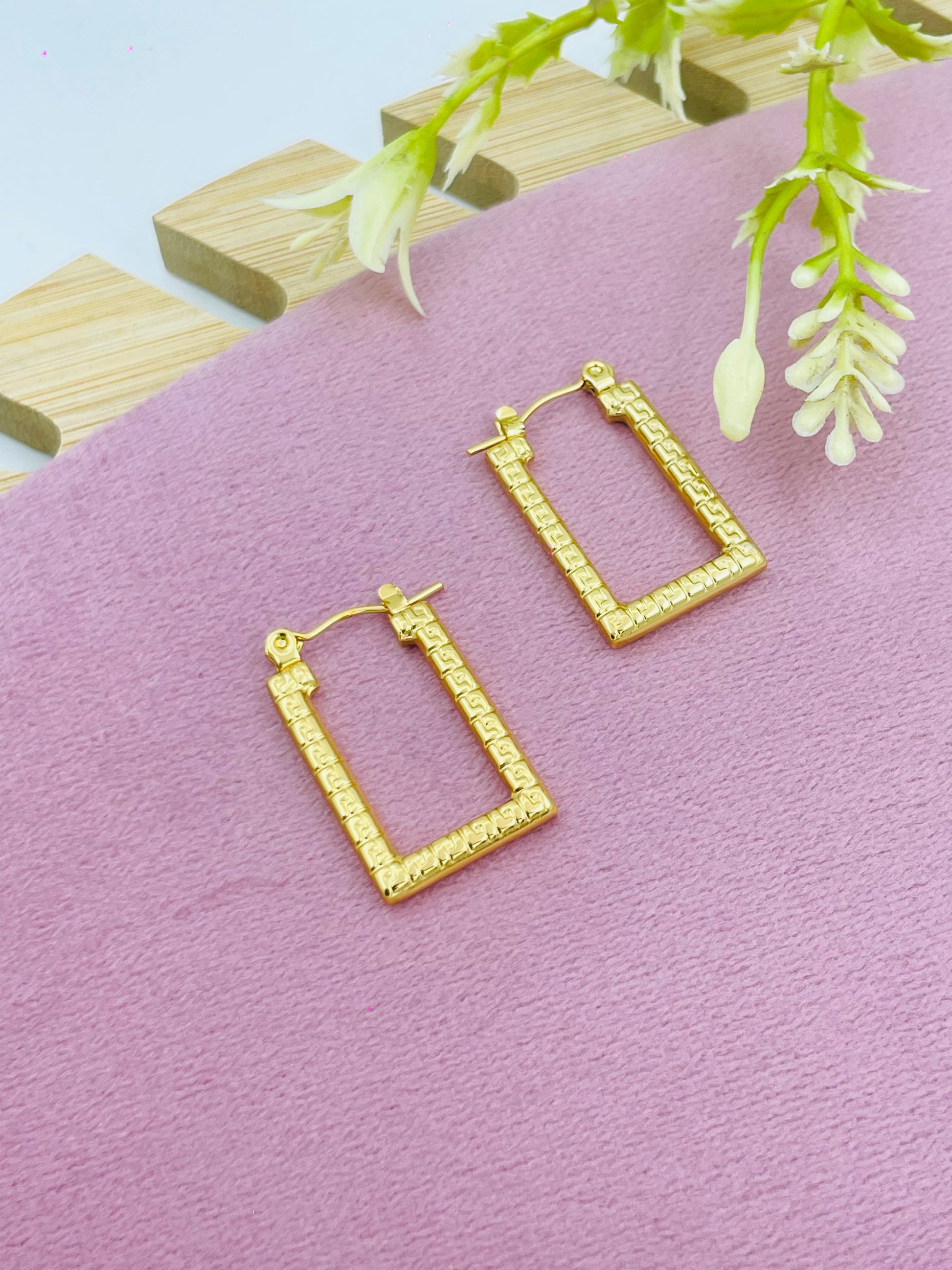 Elegant Textured Gold Rectangular Hoop Earrings
