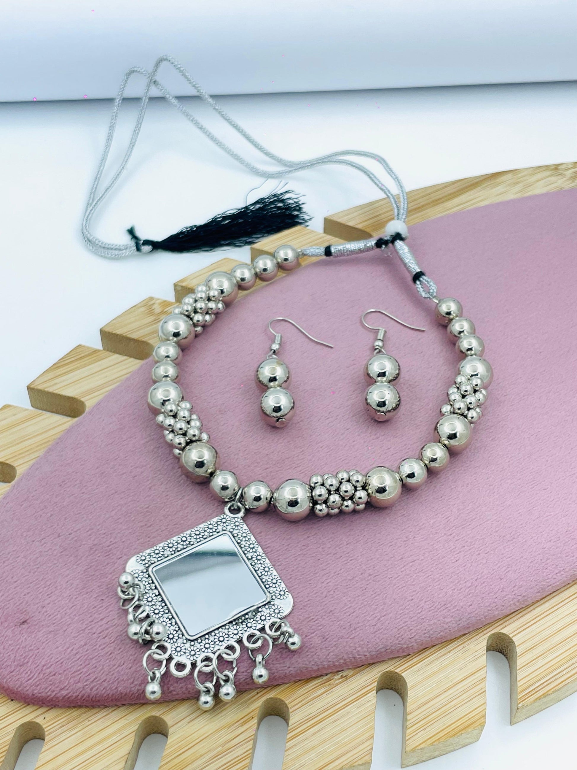 Elegant Silver Beaded Necklace and Earrings Set