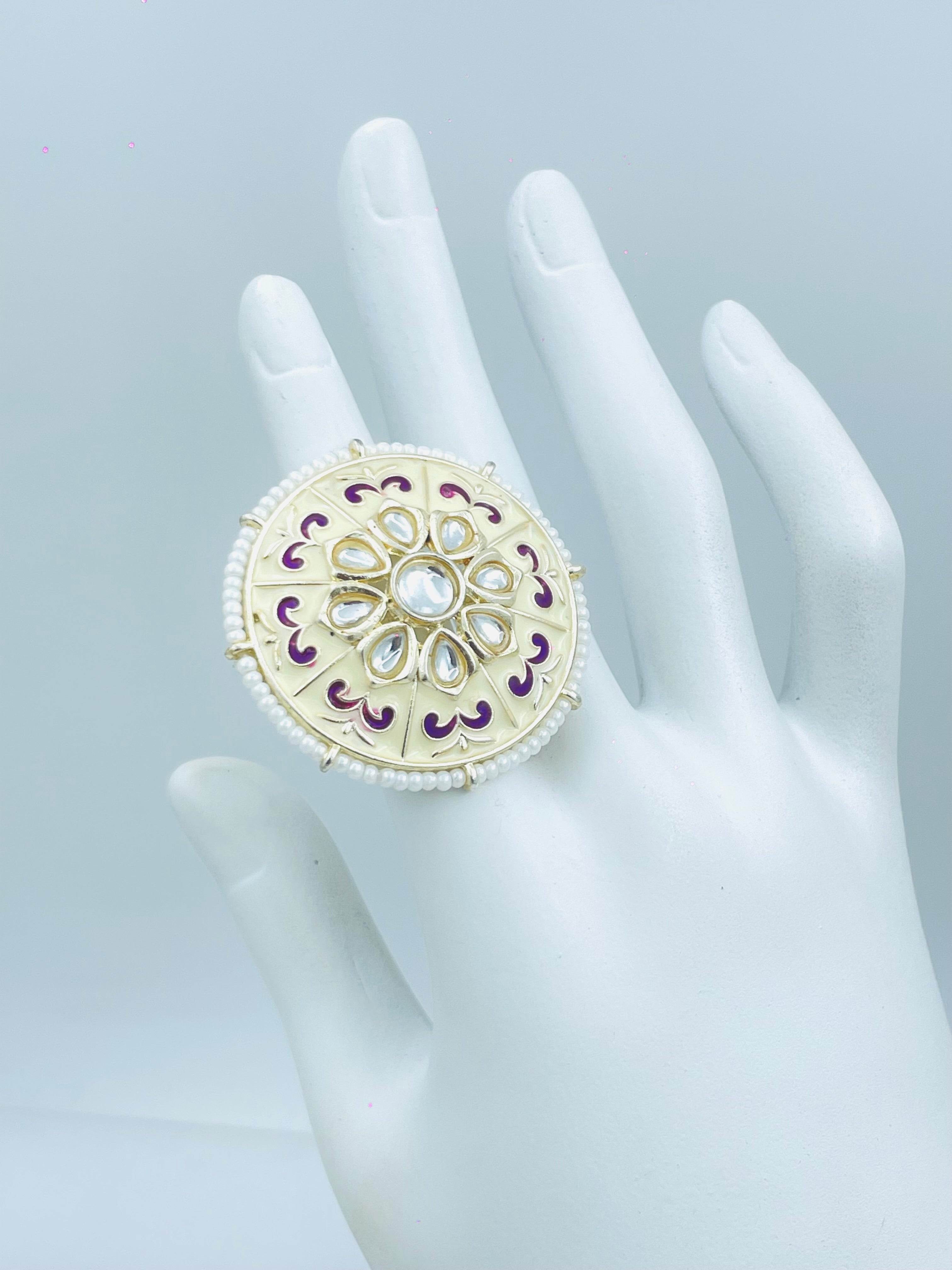 Elegant Gold and Maroon Stone Kundan Ring