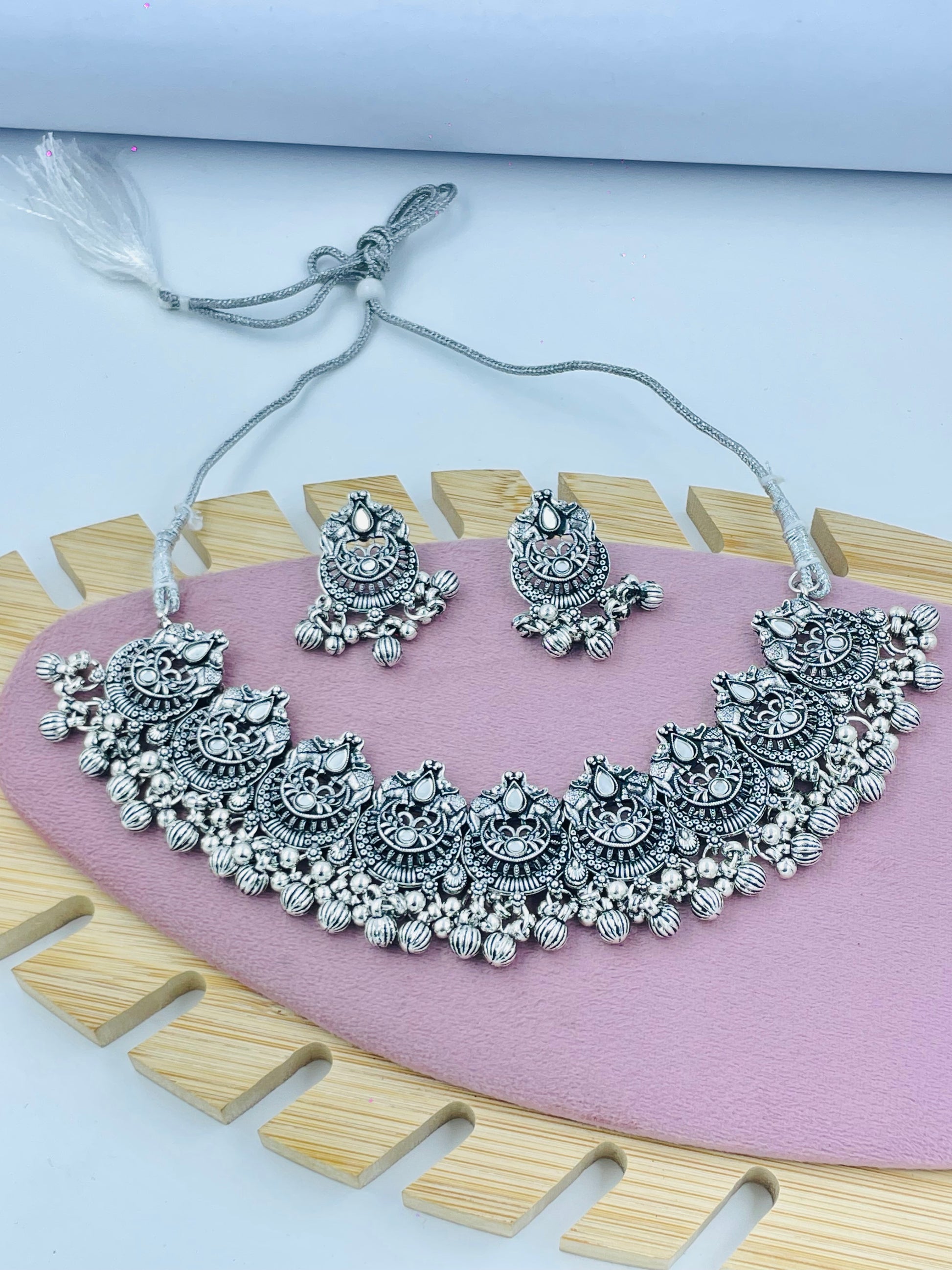 Antique Silver Plated Necklace Set with Earrings