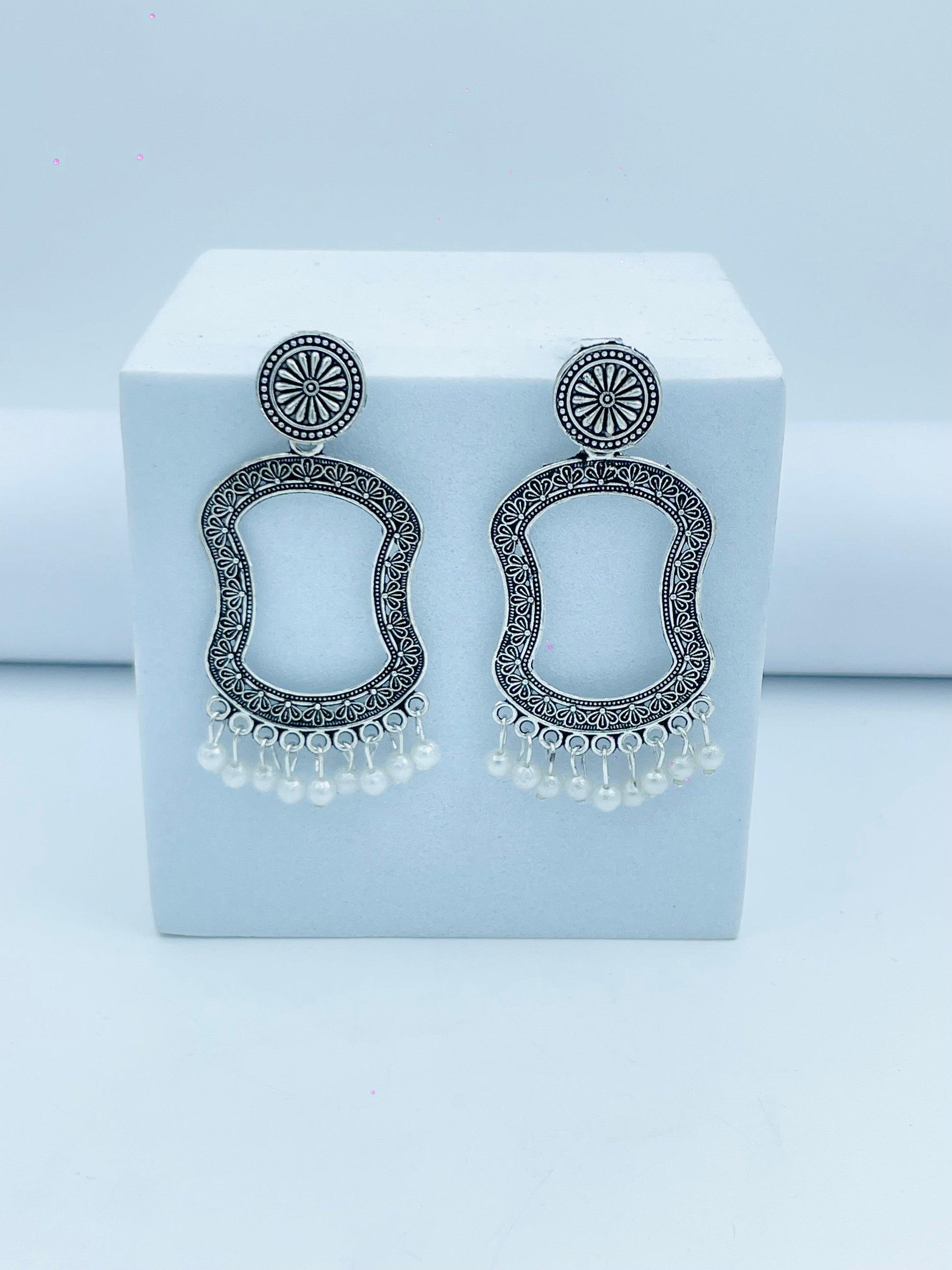 Elegant Ethnic Silver Dangle Earrings with Pearl Accents