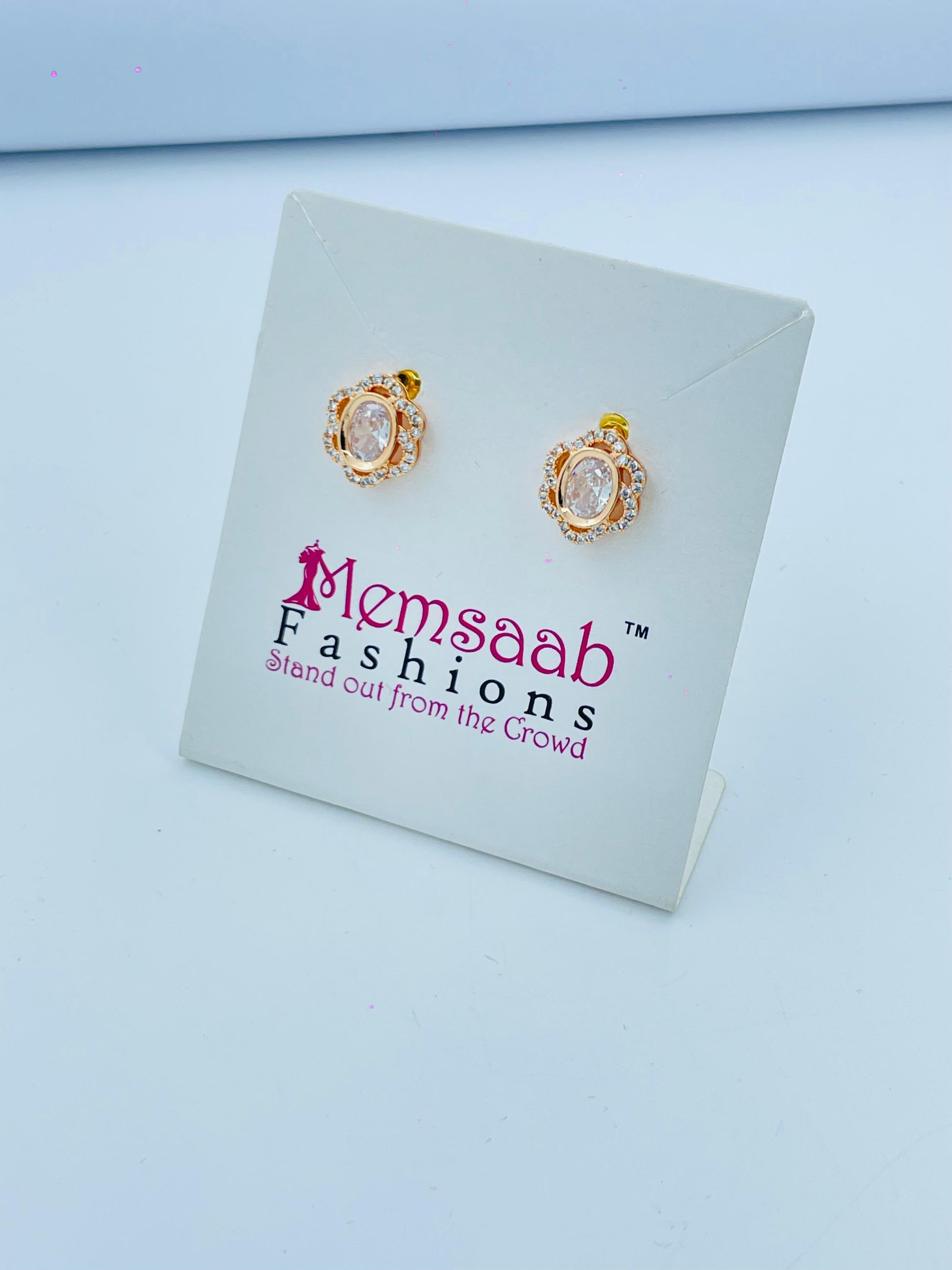 Rose Gold Oval Floral Stud Earrings with Crystal Accents