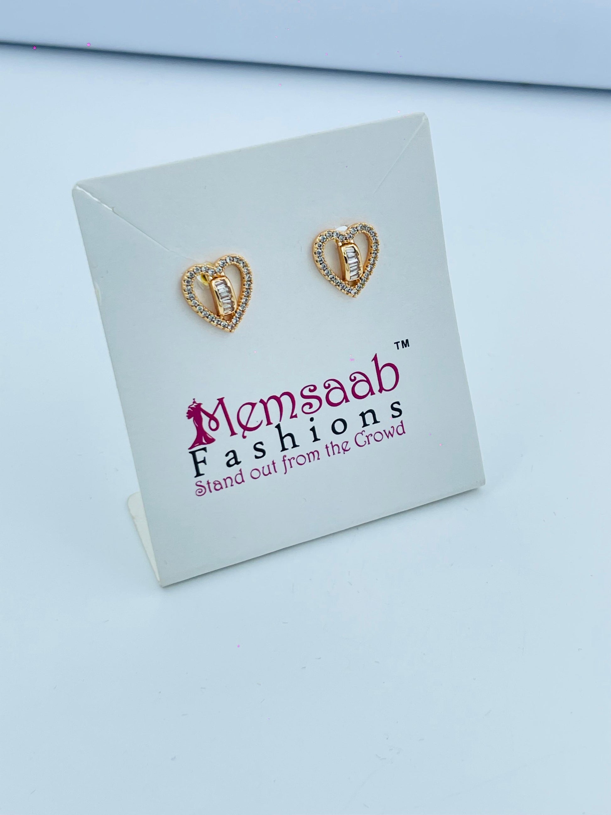 Gold Heart Stud Earrings with Sparkling Baguette Detailing
