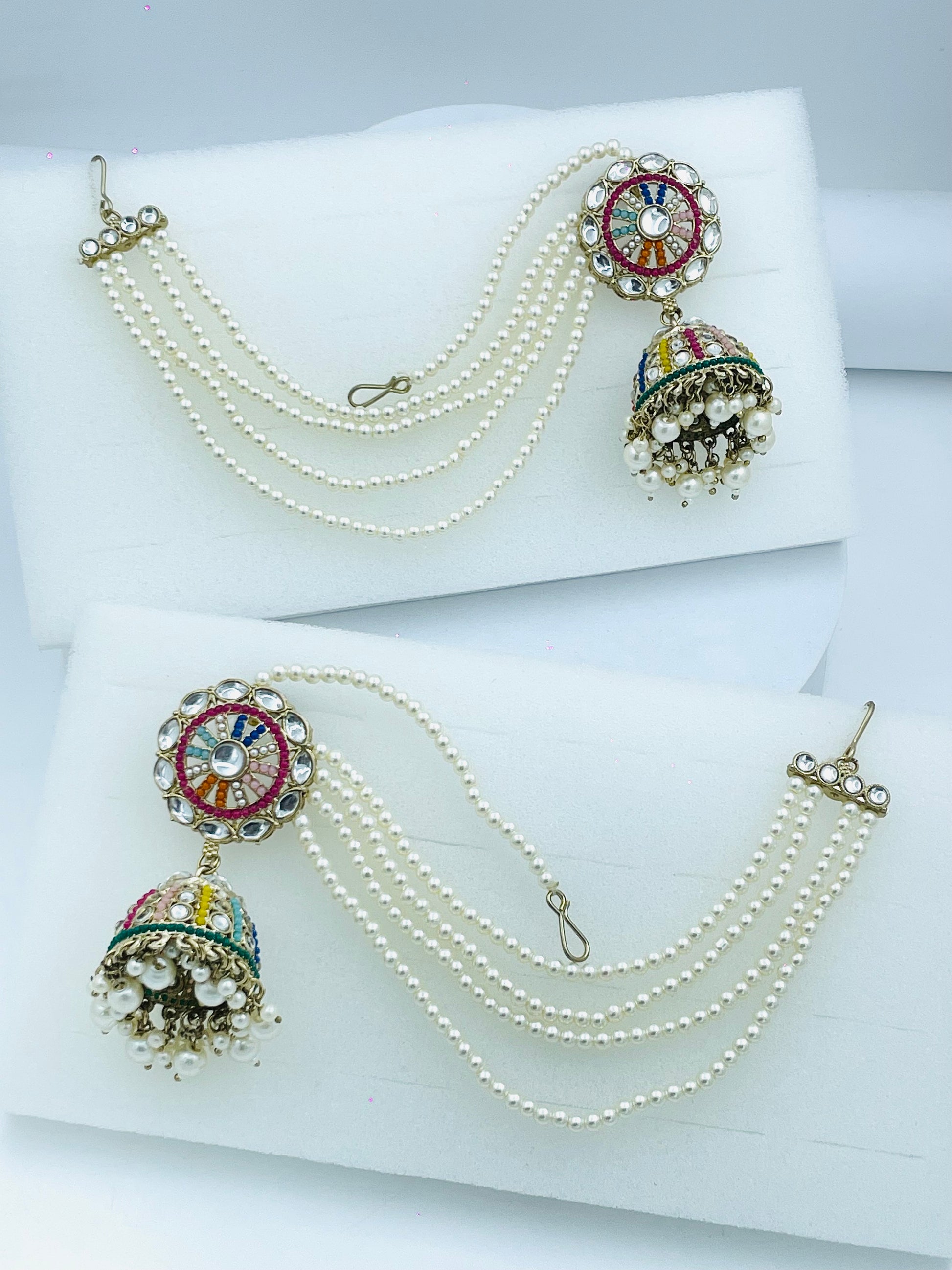 Elegant Pearl Kundan Passa Earrings with MultiStrands