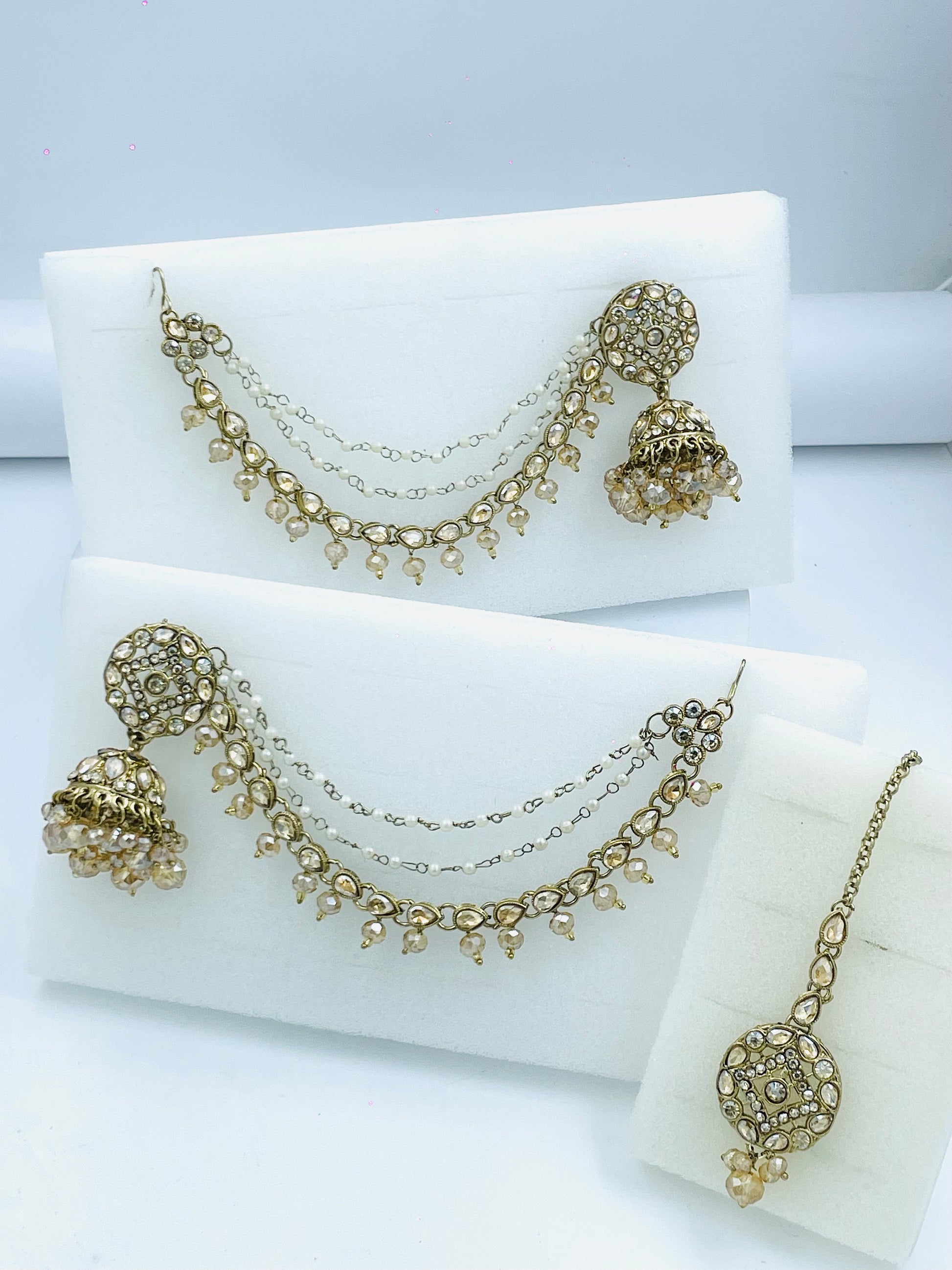 Elegant Gold Tone Jhumka Earrings and Maang Tikka Set