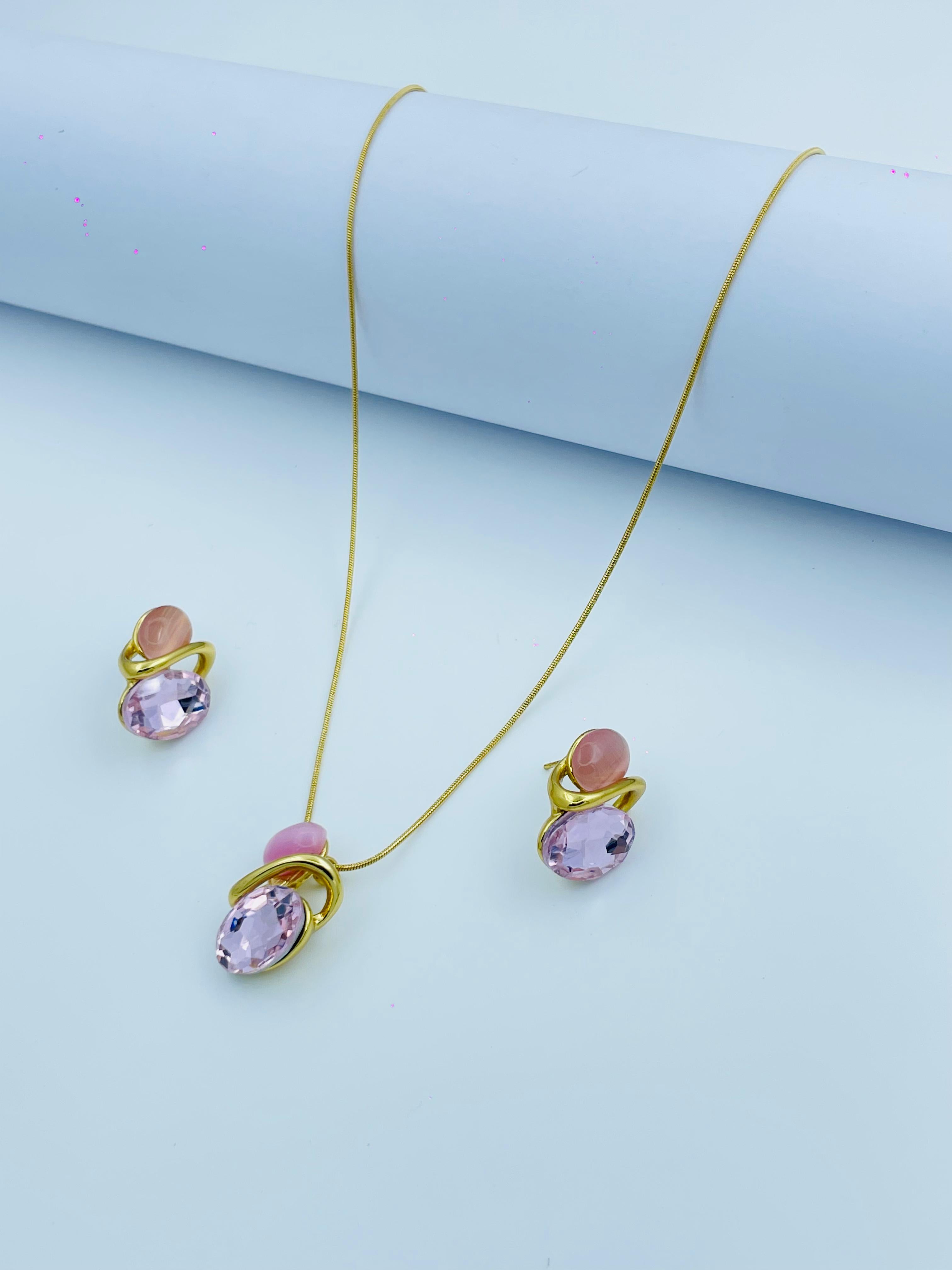 Gold-Plated Pink Stone Necklace & Earring Set – Elegant & Feminine Design