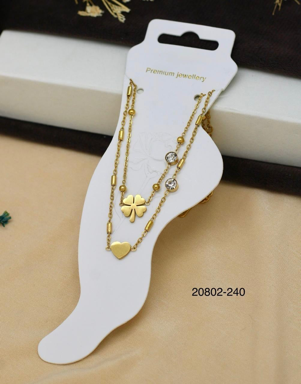 Gold Clover & Heart Charm Anklet with Crystal Accents – Women’s Jewellery