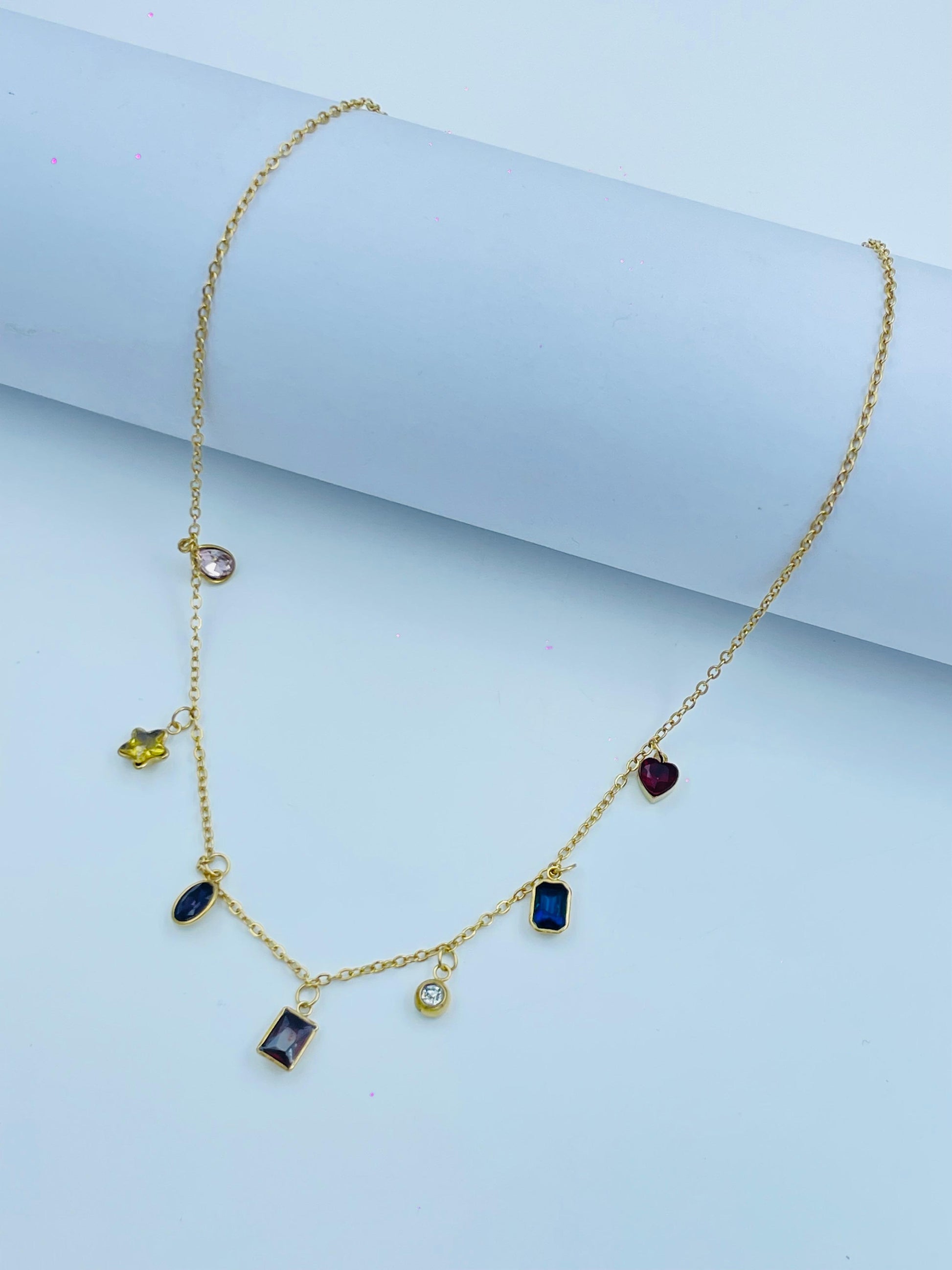 Gold Charm Necklace with Colorful Gemstone Drops – Playful Elegance