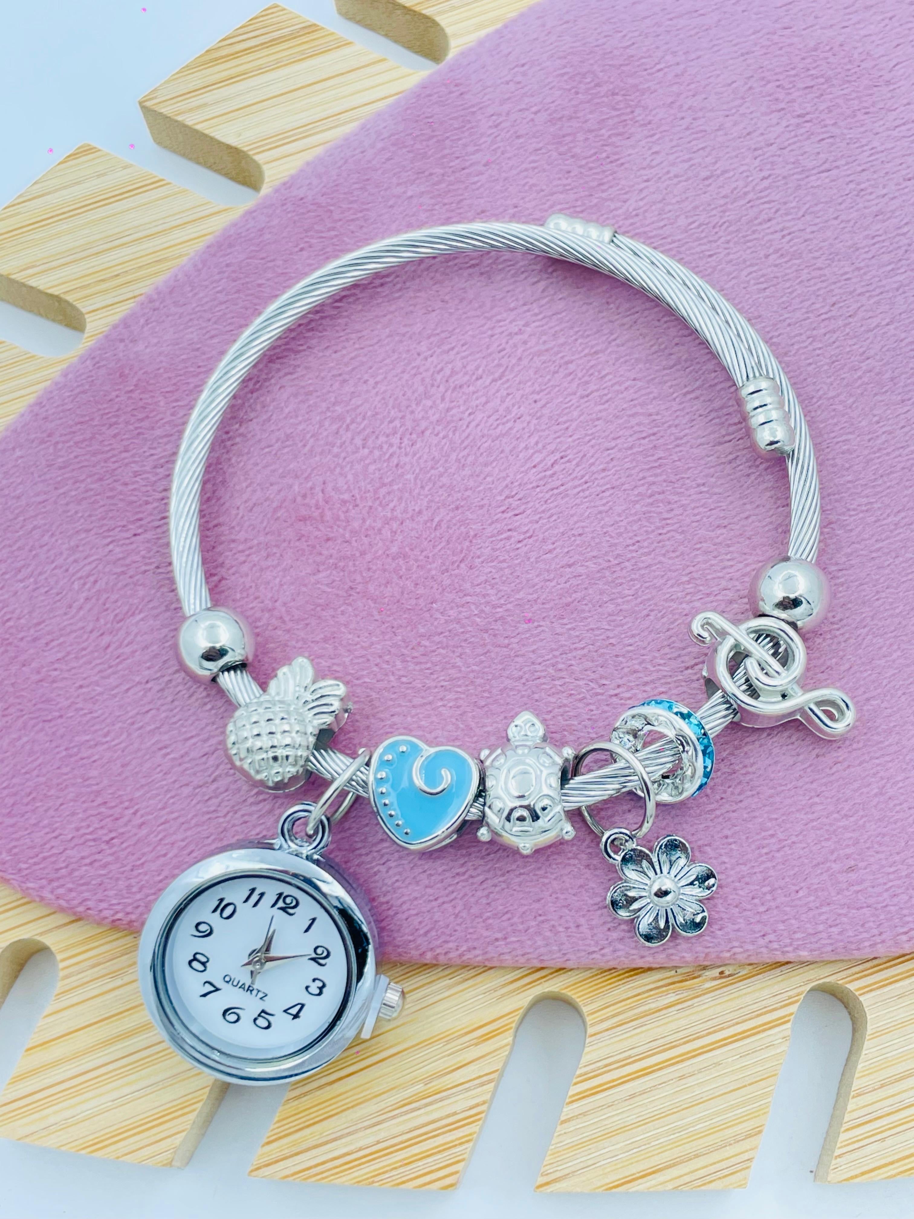 Silver Bracelet Watch with Ocean & Nature Charms – Pineapple, Turtle & Flower