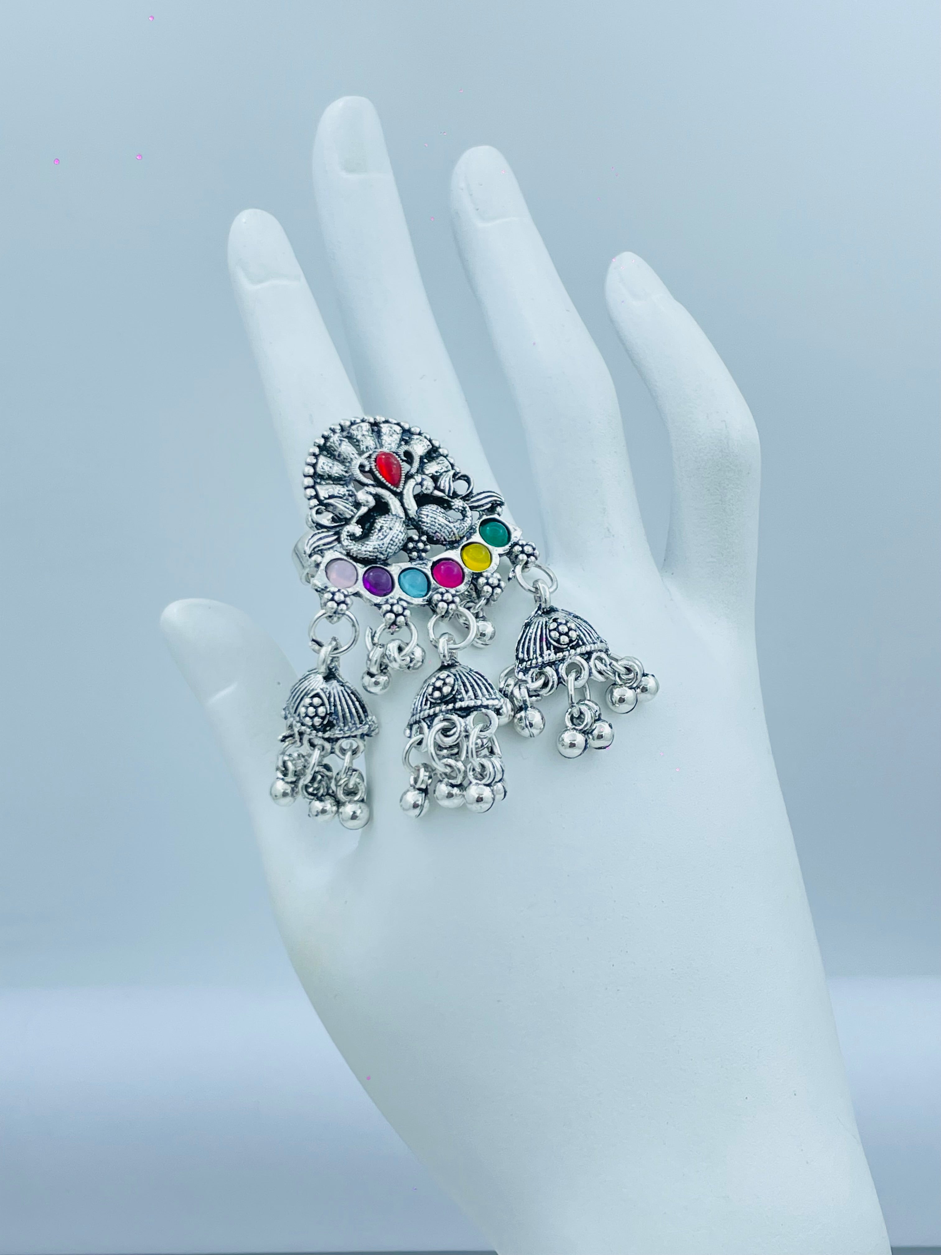 Elegant Peacock Design Silver Ring with Jhumka Charms