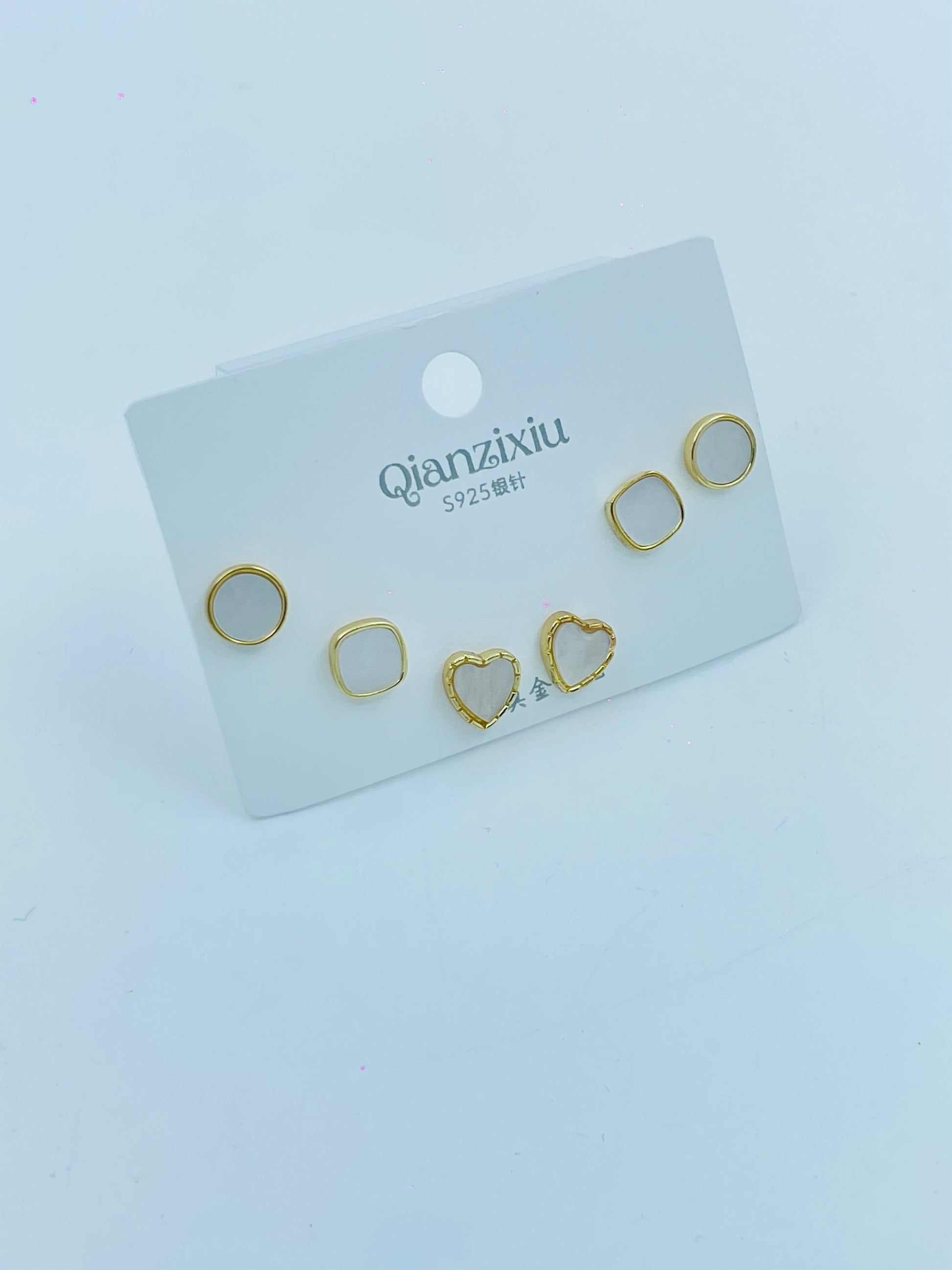 3 Pair Combo Minimalist Gold Stud Earrings Set | Heart, Round & Square Design