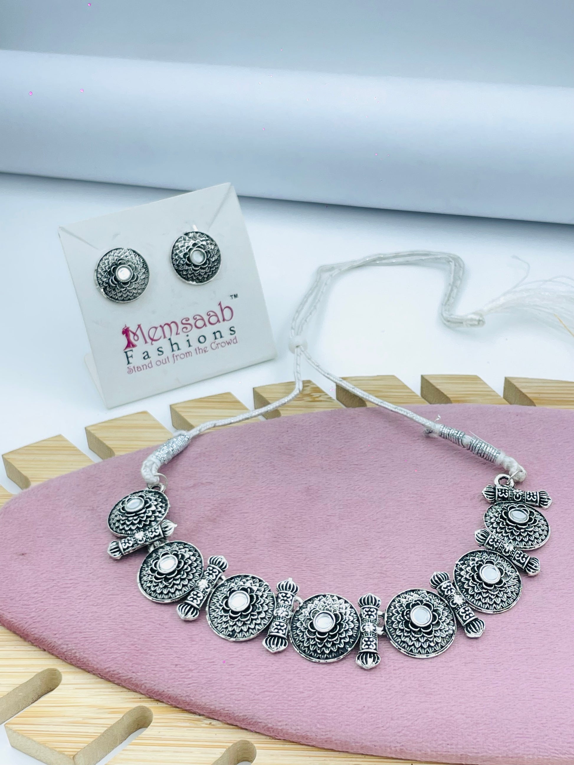 Elegant Silver Oxidized Necklace Set with Earrings