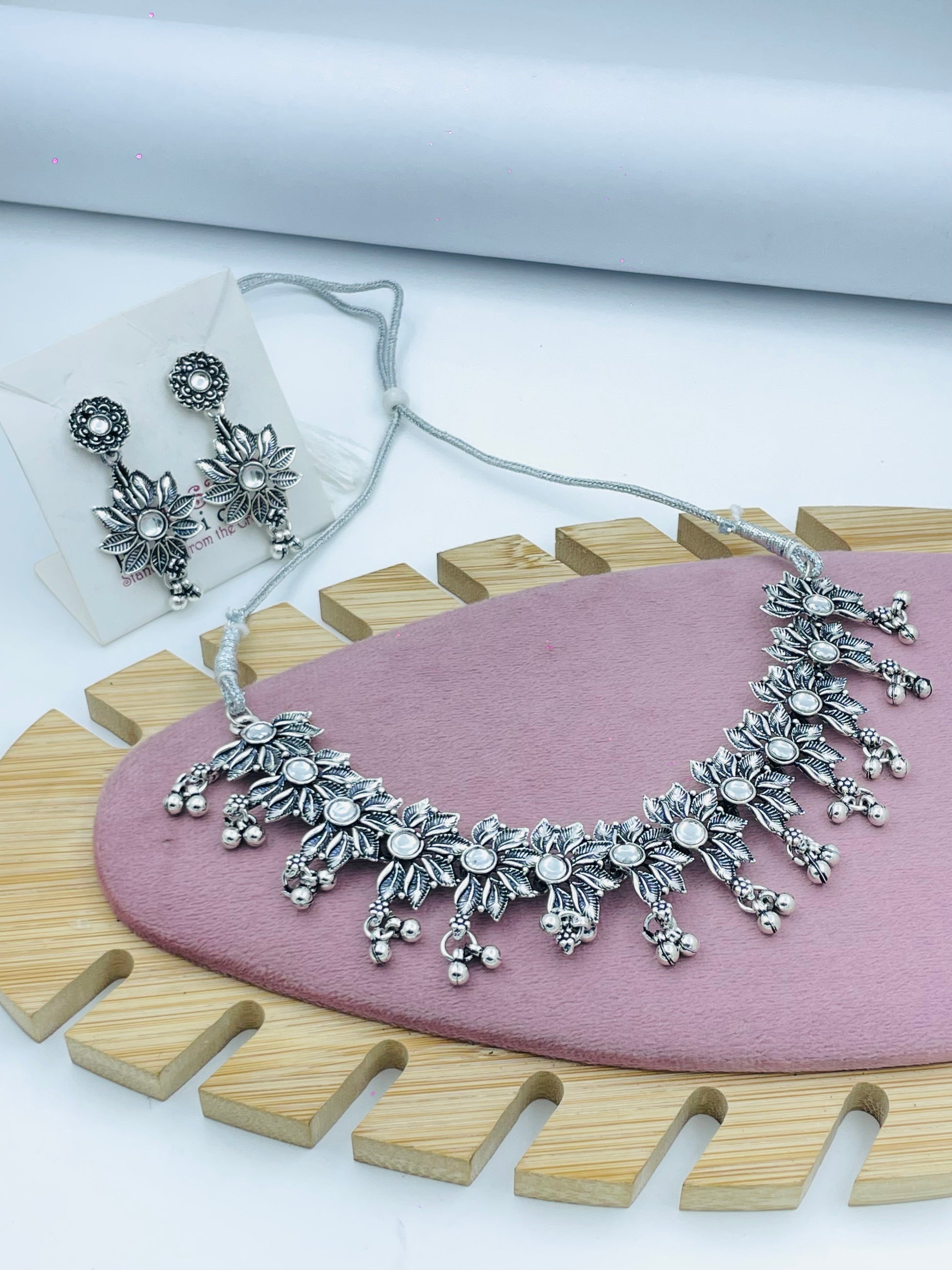 Ethnic Silver Floral Necklace Set with Earrings