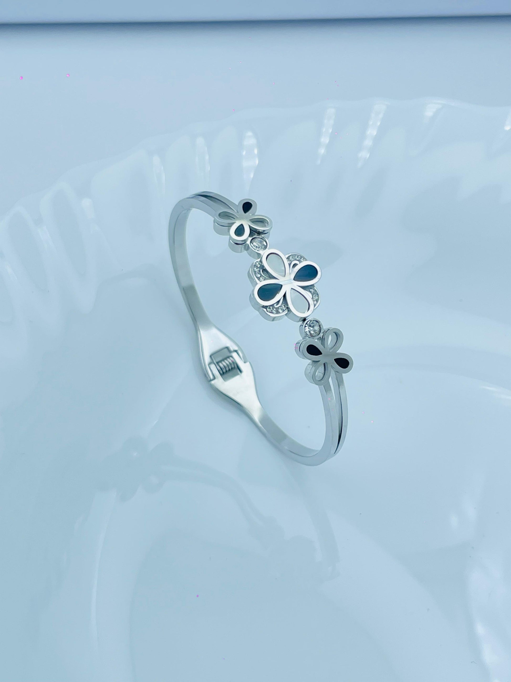 Floral Design Anti-Tarnish Silver Bracelet with Black Enamel & Crystals
