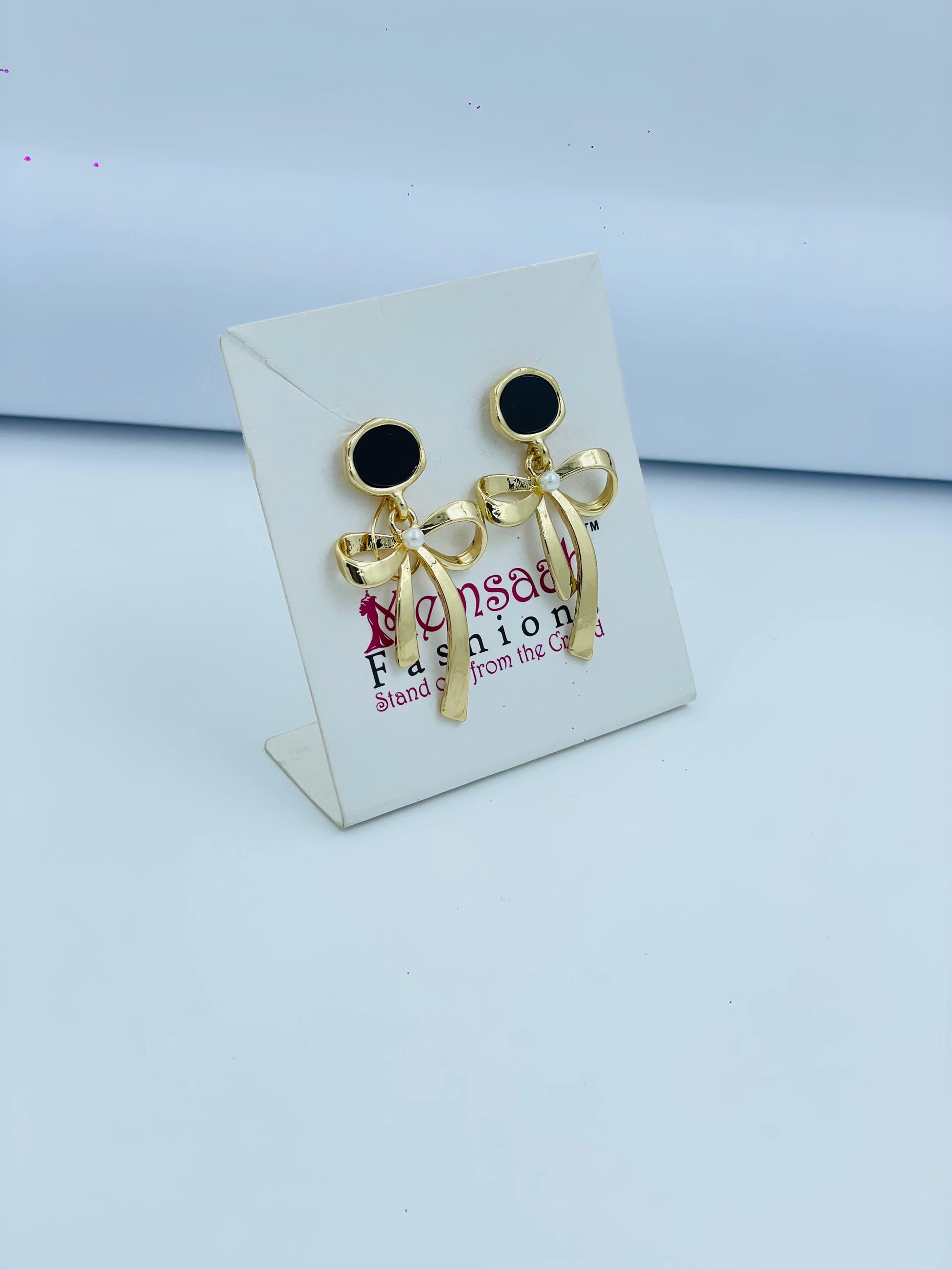 Elegant Gold Bow Drop Earrings with Black Studs – Multiple Shapes