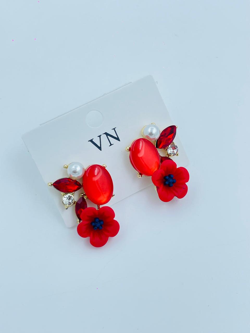 Colorful Floral Earrings with Red Gems and Pearls – Bold and Beautiful