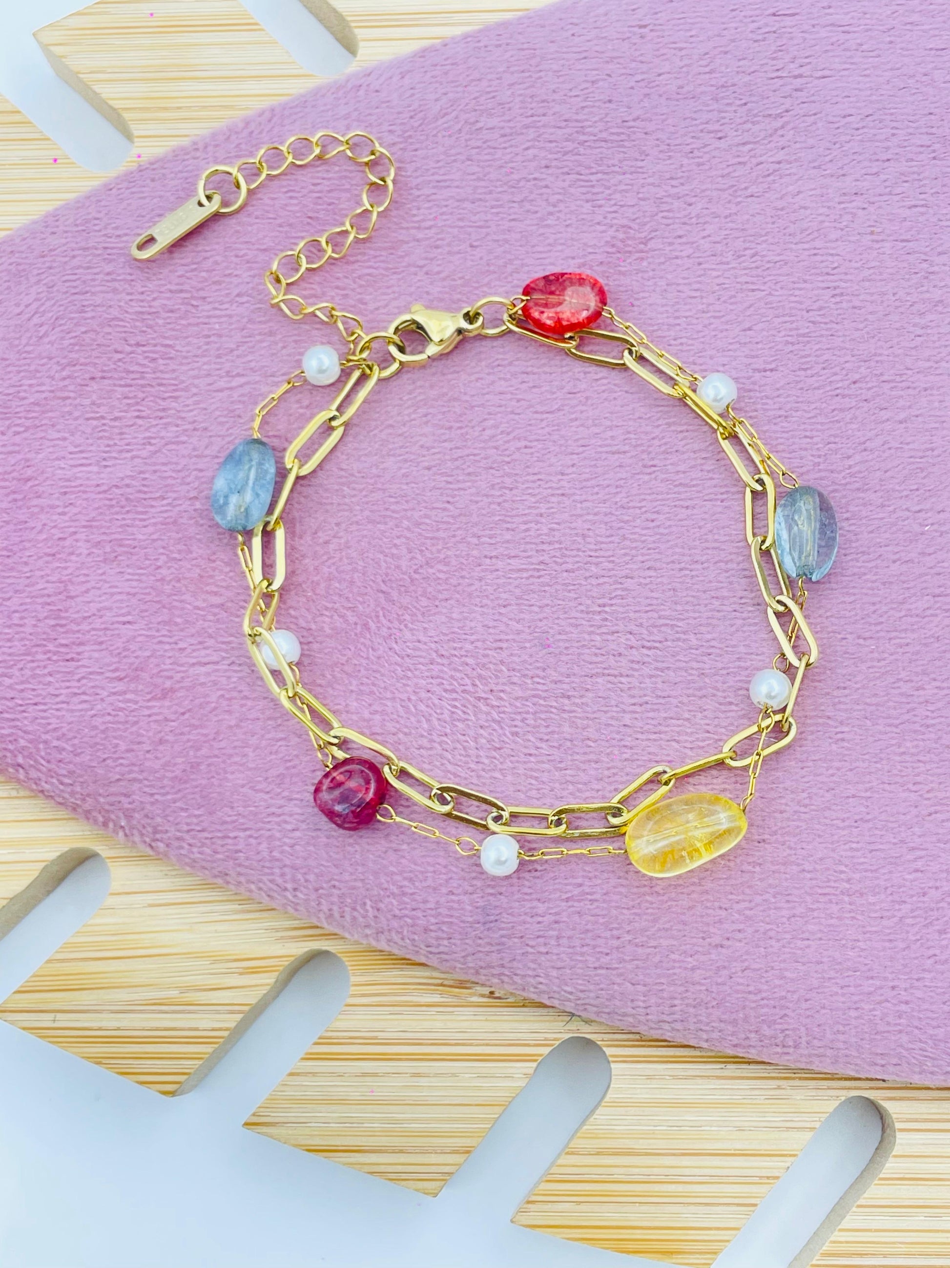 Elegant Multicolor Gemstone Bracelet with Gold Chain