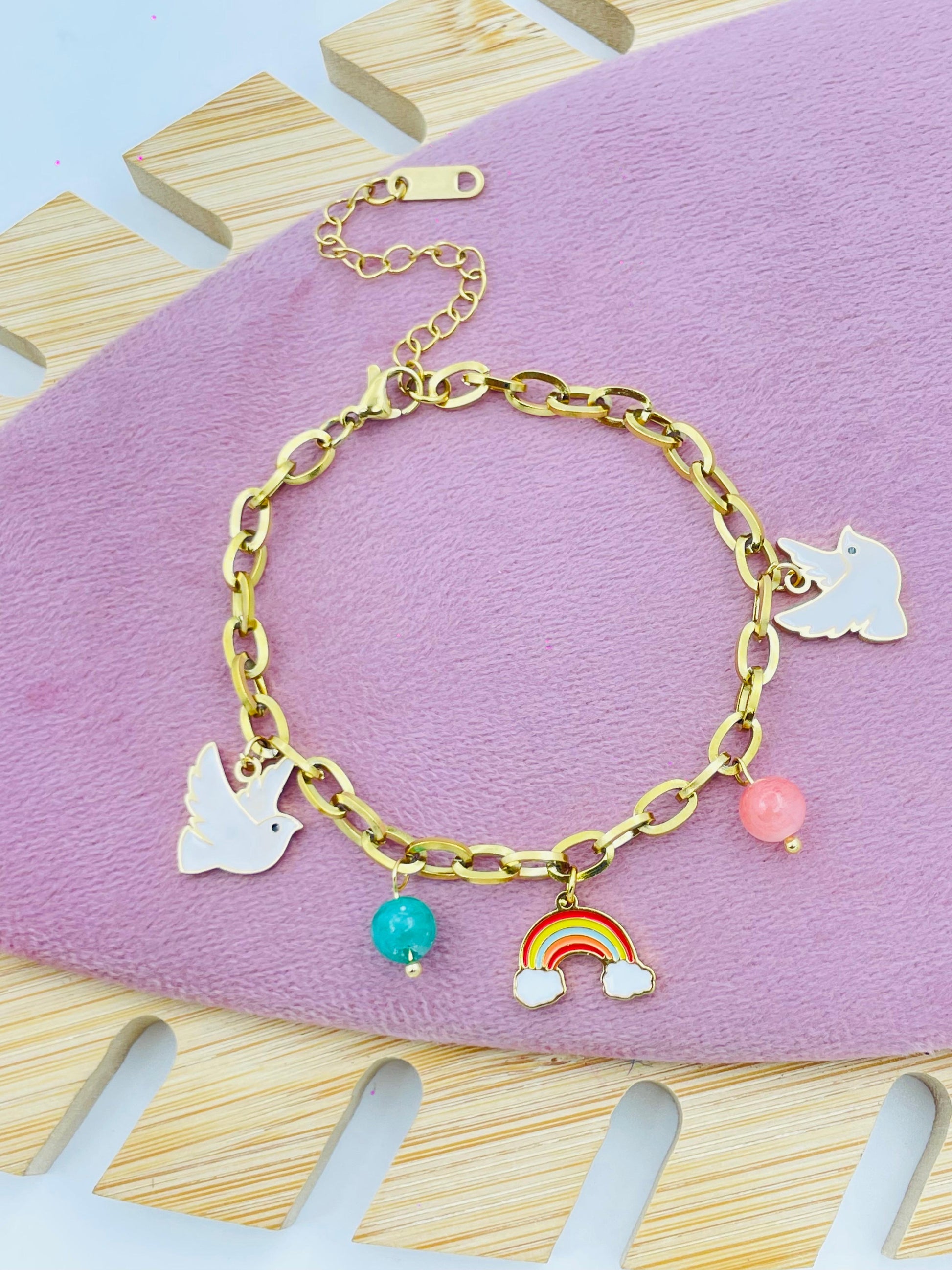 Gold Charm Bracelet with Dove and Rainbow
