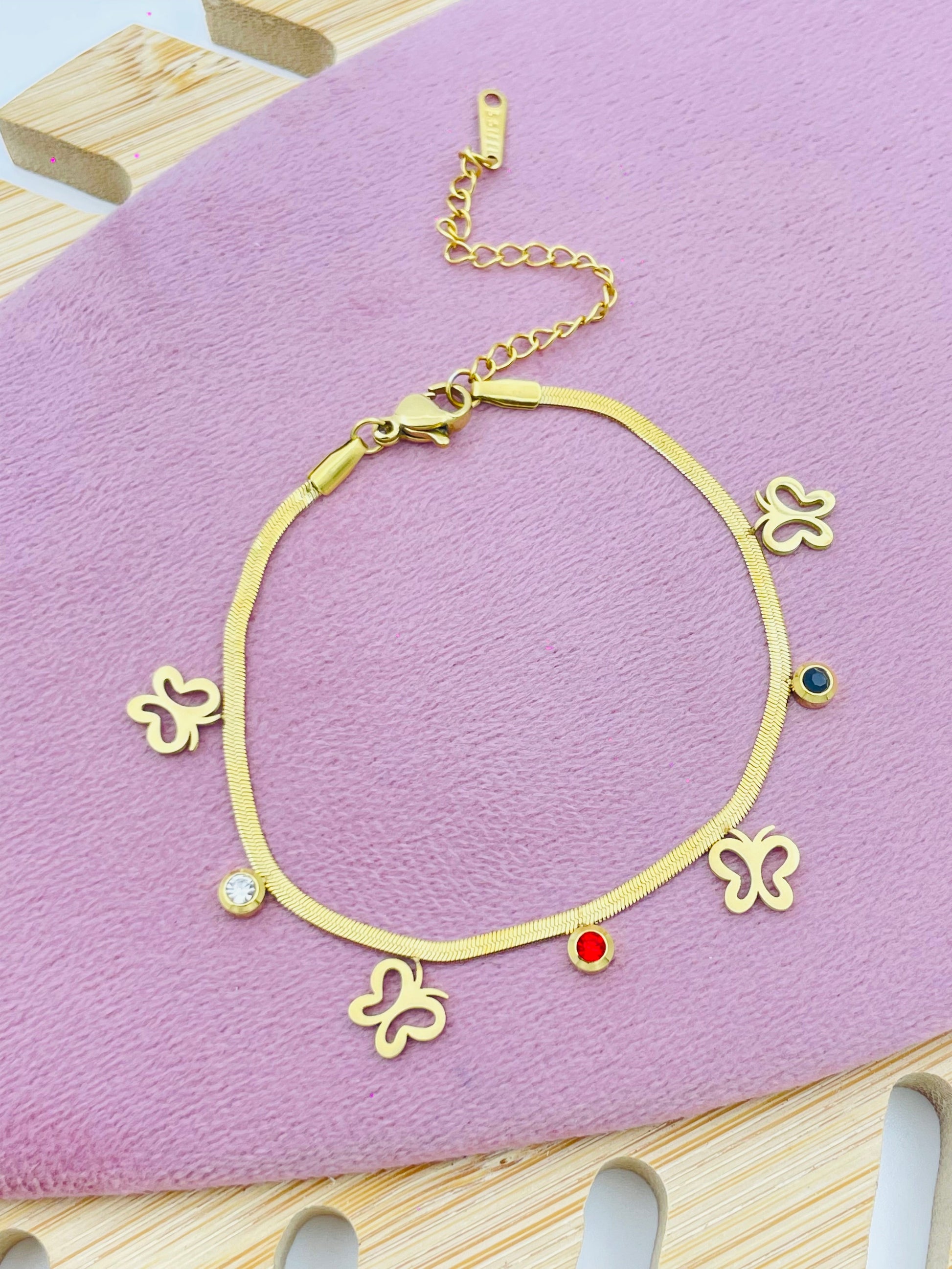Elegant Gold Butterfly Charm Bracelet with Colorful Stones
