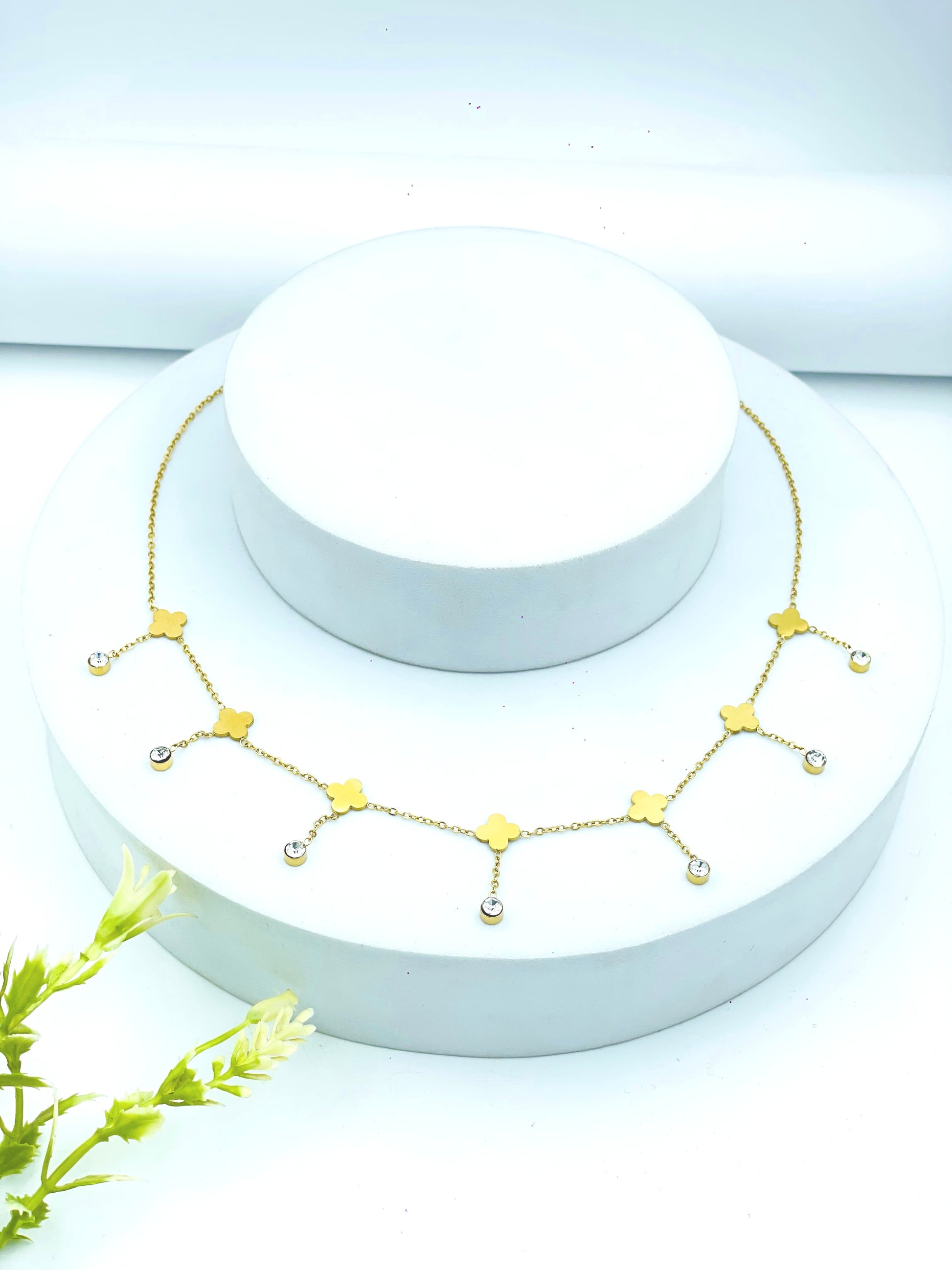 Elegant Gold Clover Necklace with Gem Accents
