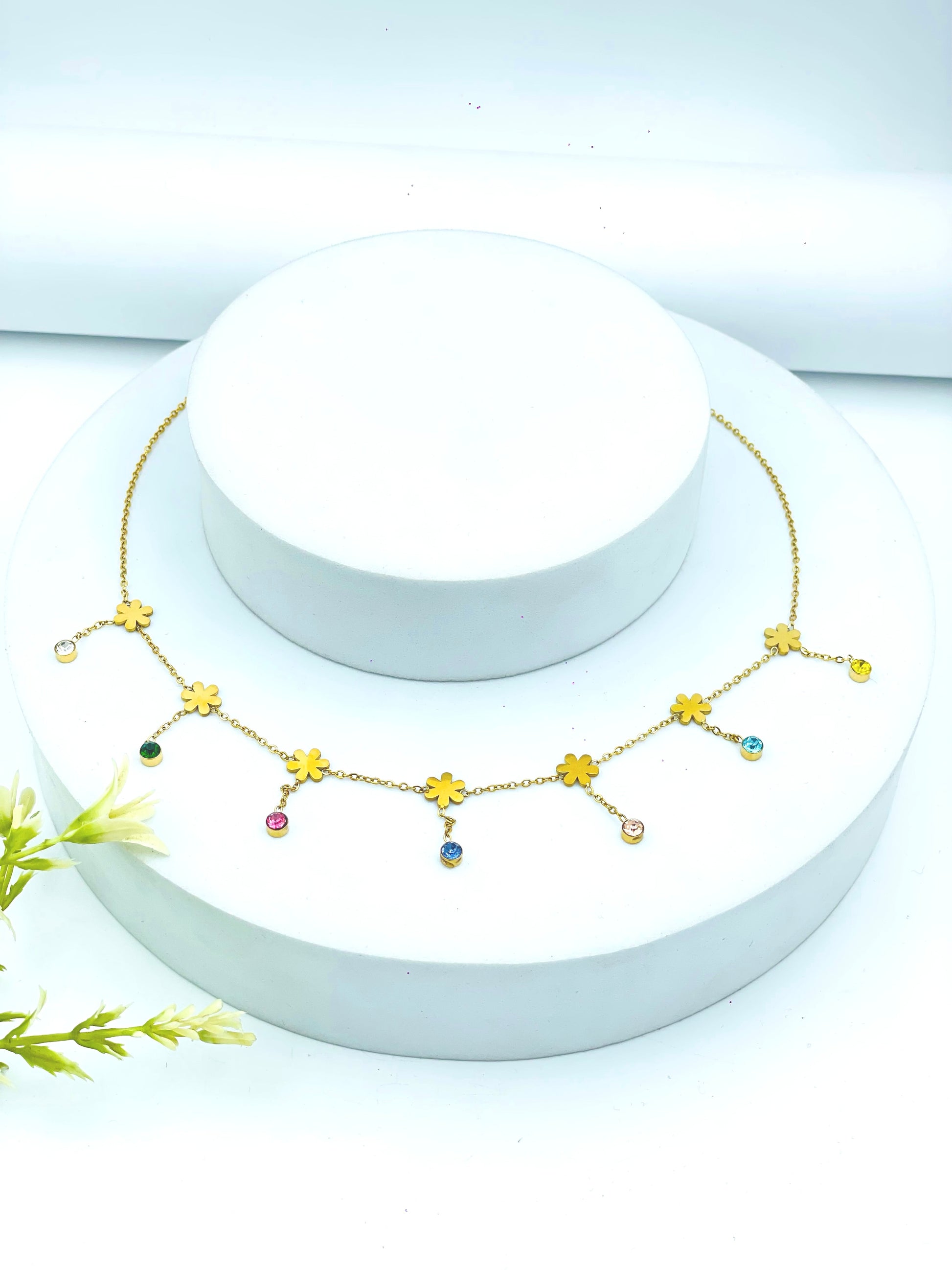 Gold Flower Charm Necklace with Colorful Gemstones