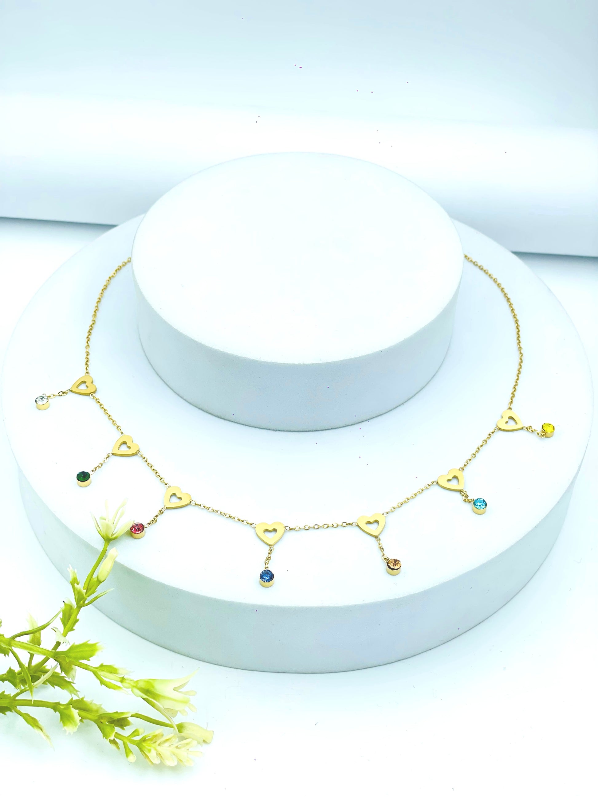 Elegant Heart Charm Gold Necklace with Colorful Gemstones