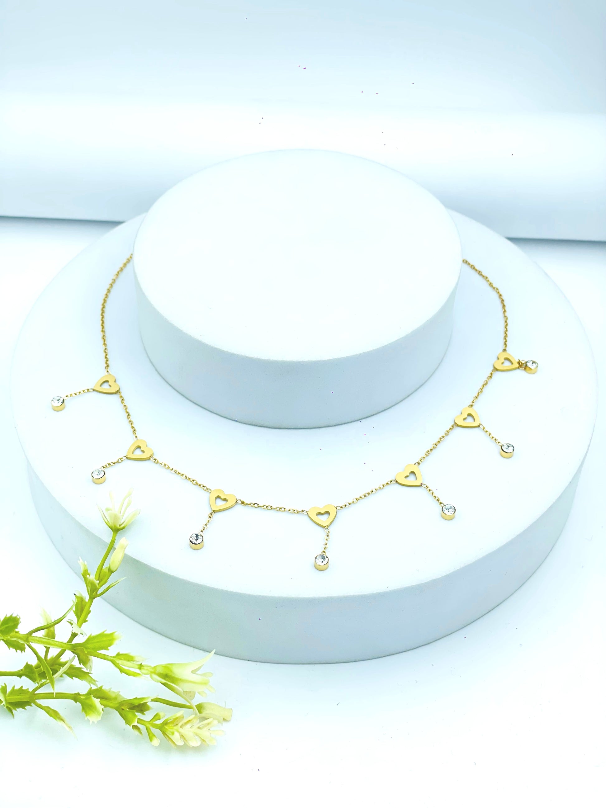 Elegant Gold Heart Charm Necklace with Hanging Gems