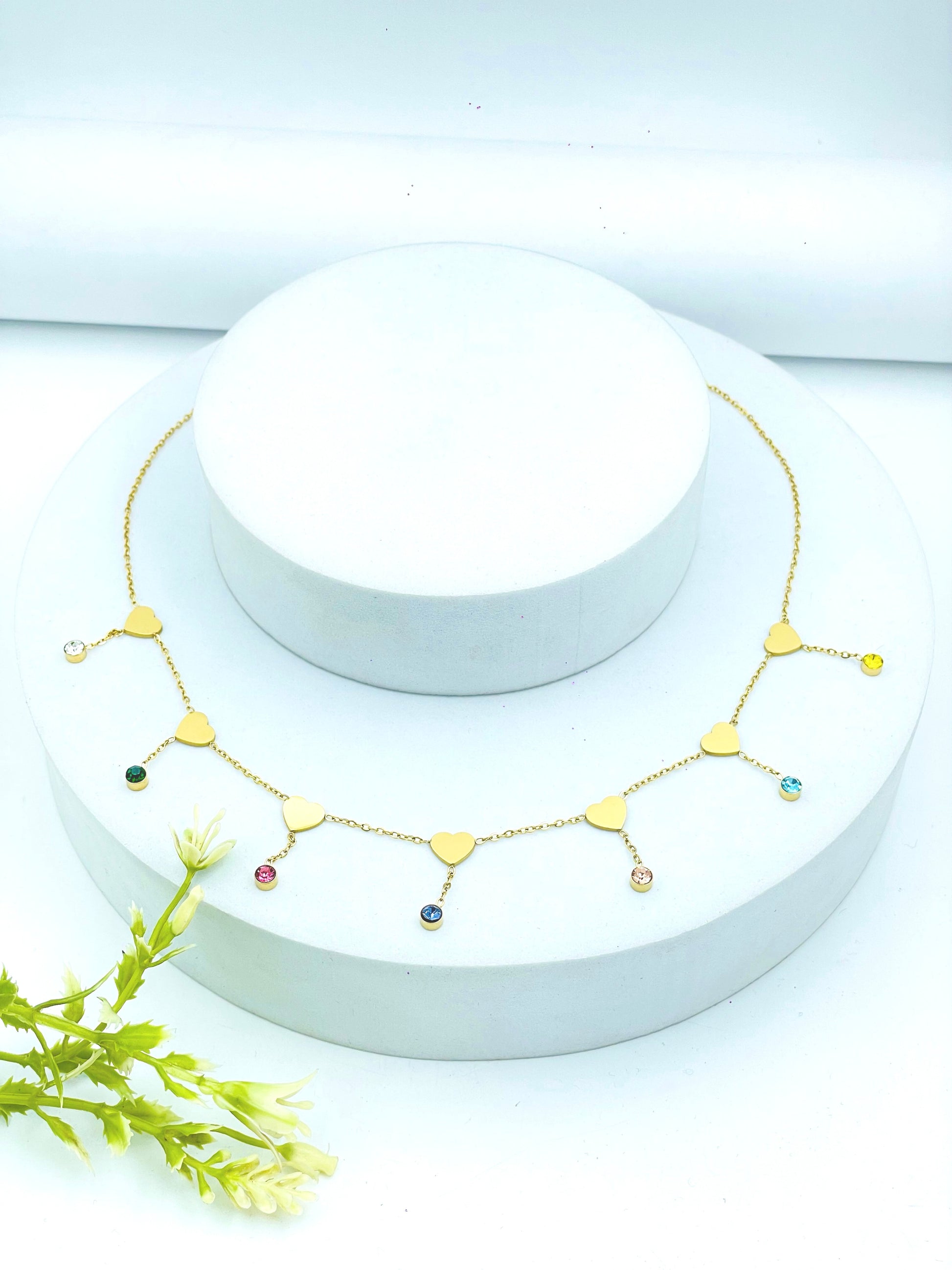 Elegant Gold Heart Pendant Necklace with Colorful Gemstone Accents