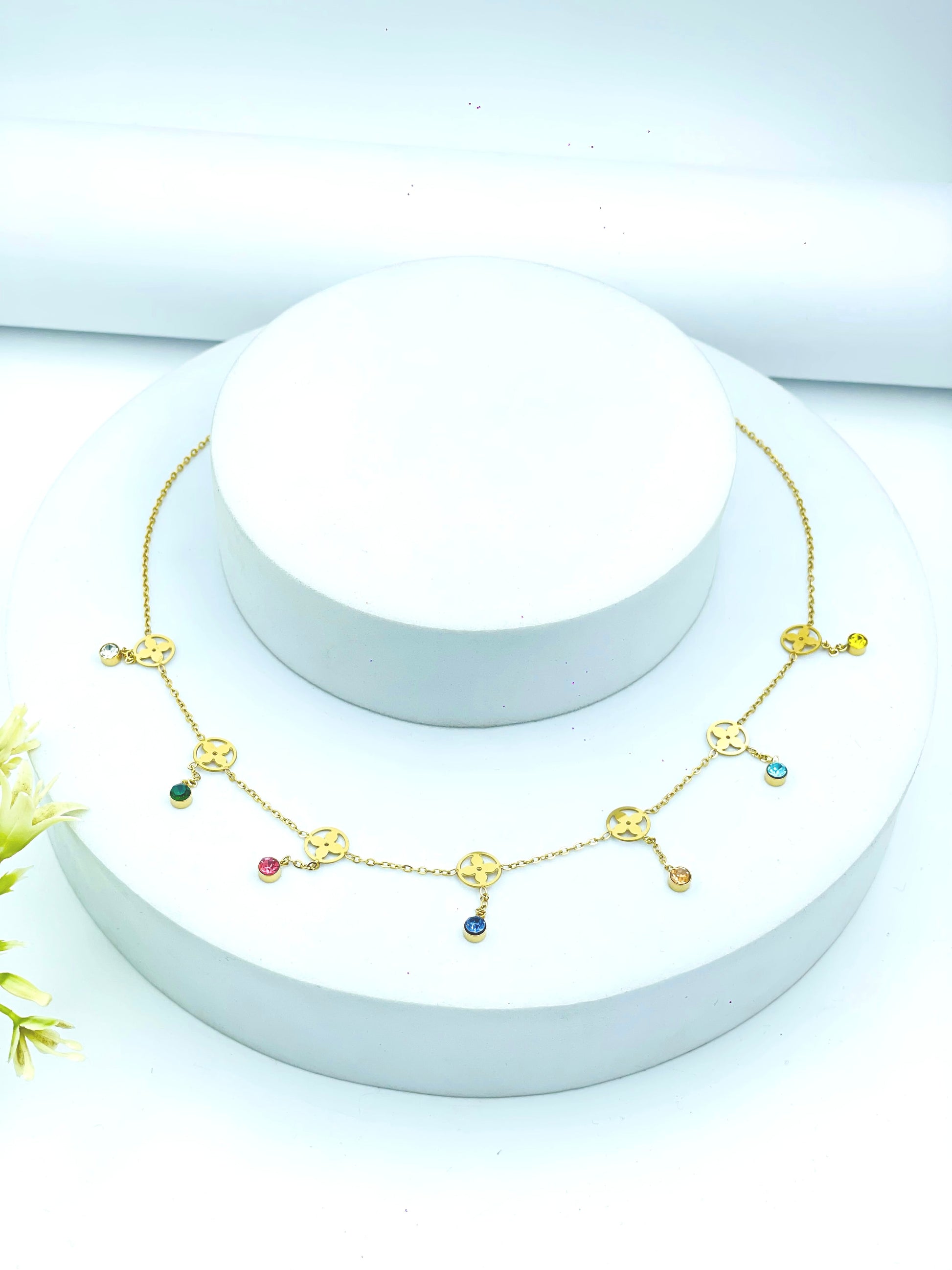Elegant Gold Plated Necklace with MultiGemstone Charms