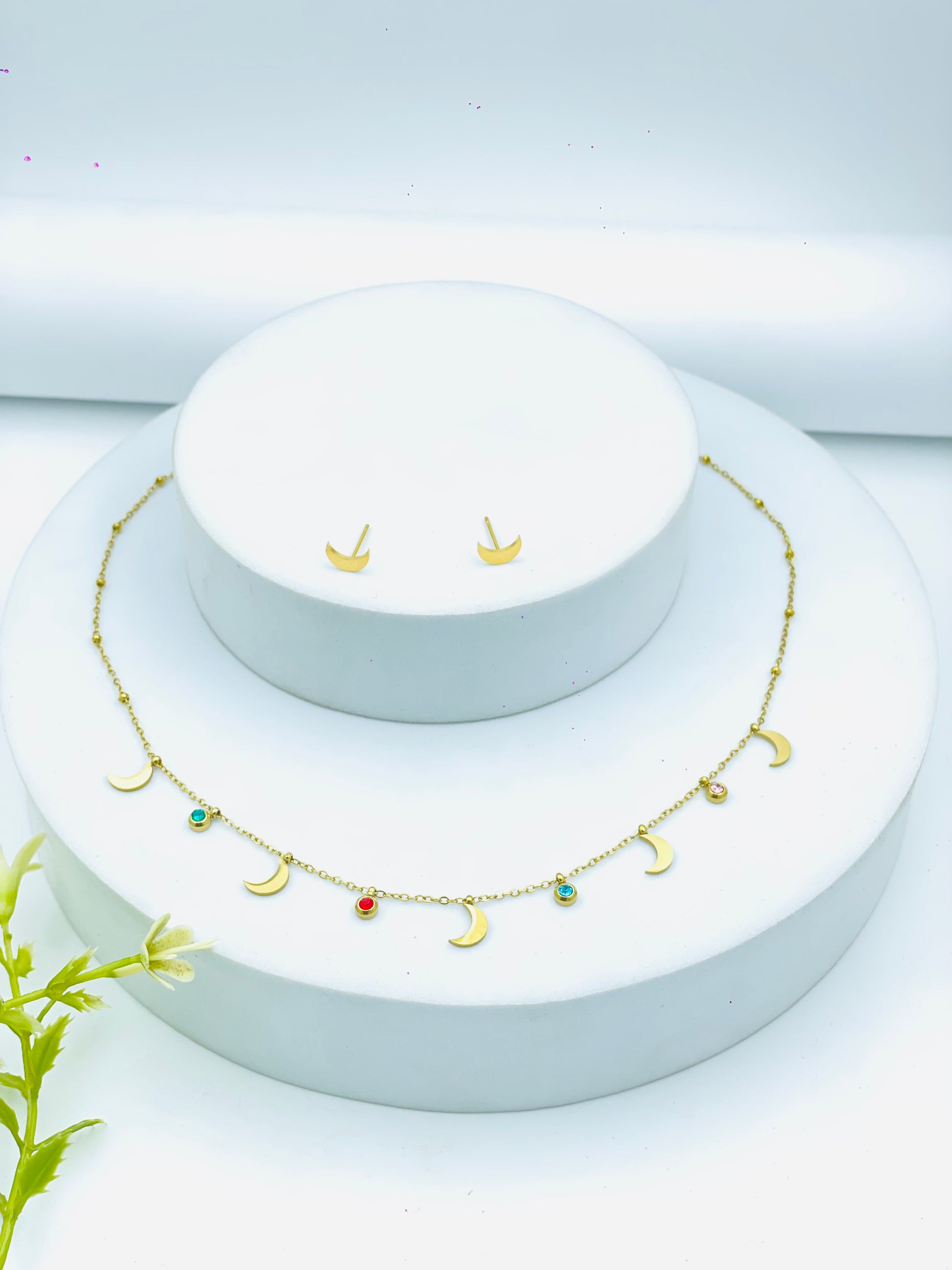 Elegant Gold Crescent Moon Necklace and Earring Set