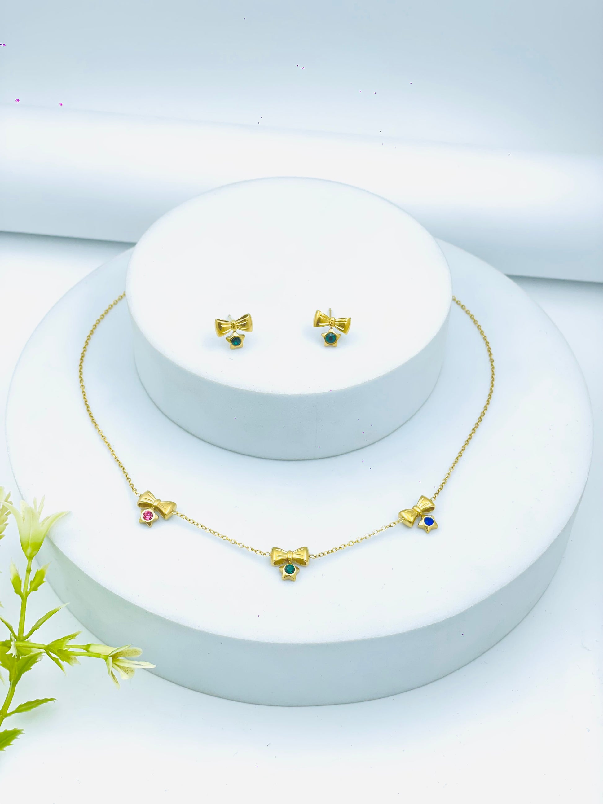 Gold Butterfly Necklace and Earrings Set with Gemstones