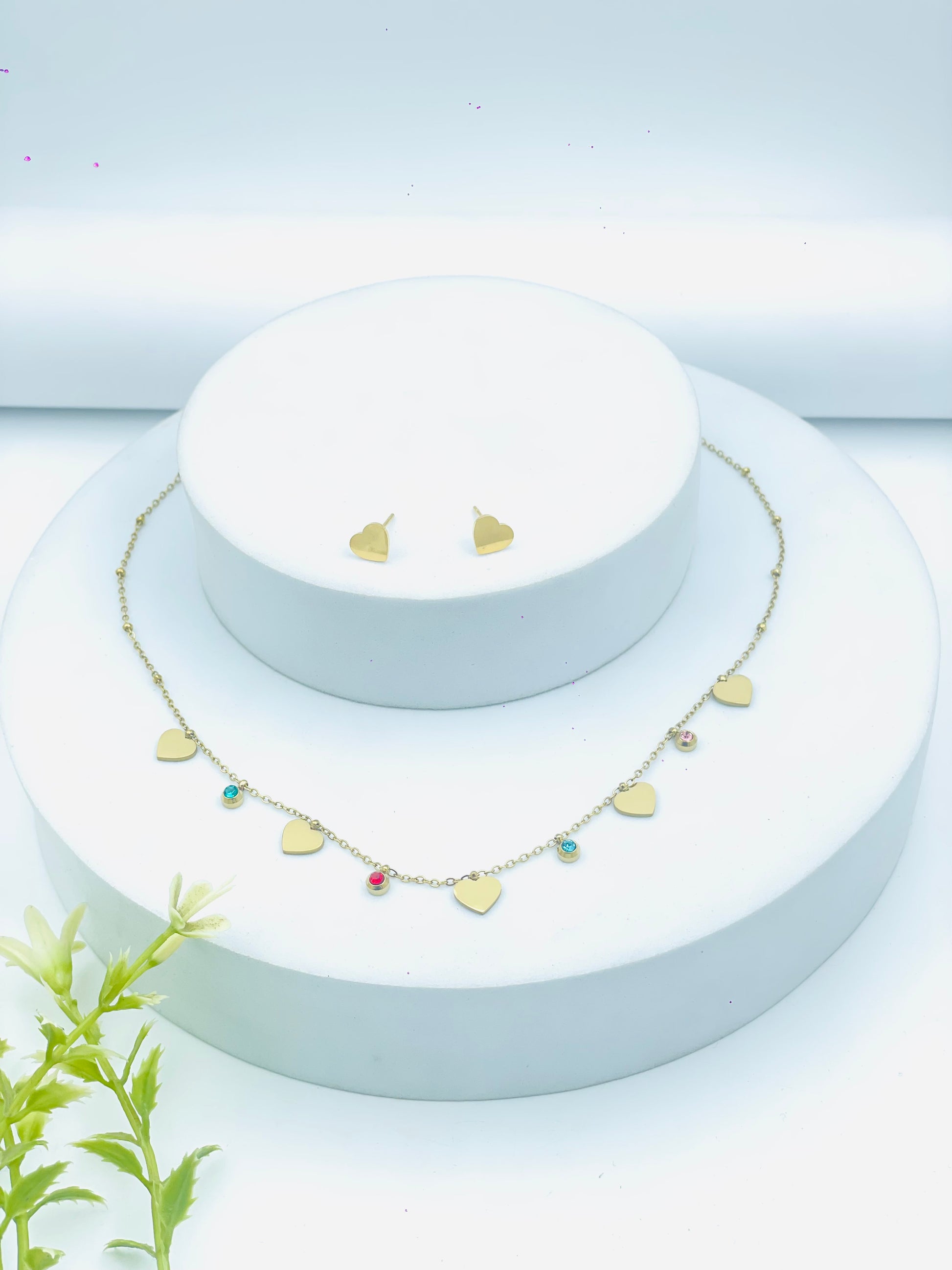 Gold Heart Charm Necklace and Earrings Set  Elegant Jewelry