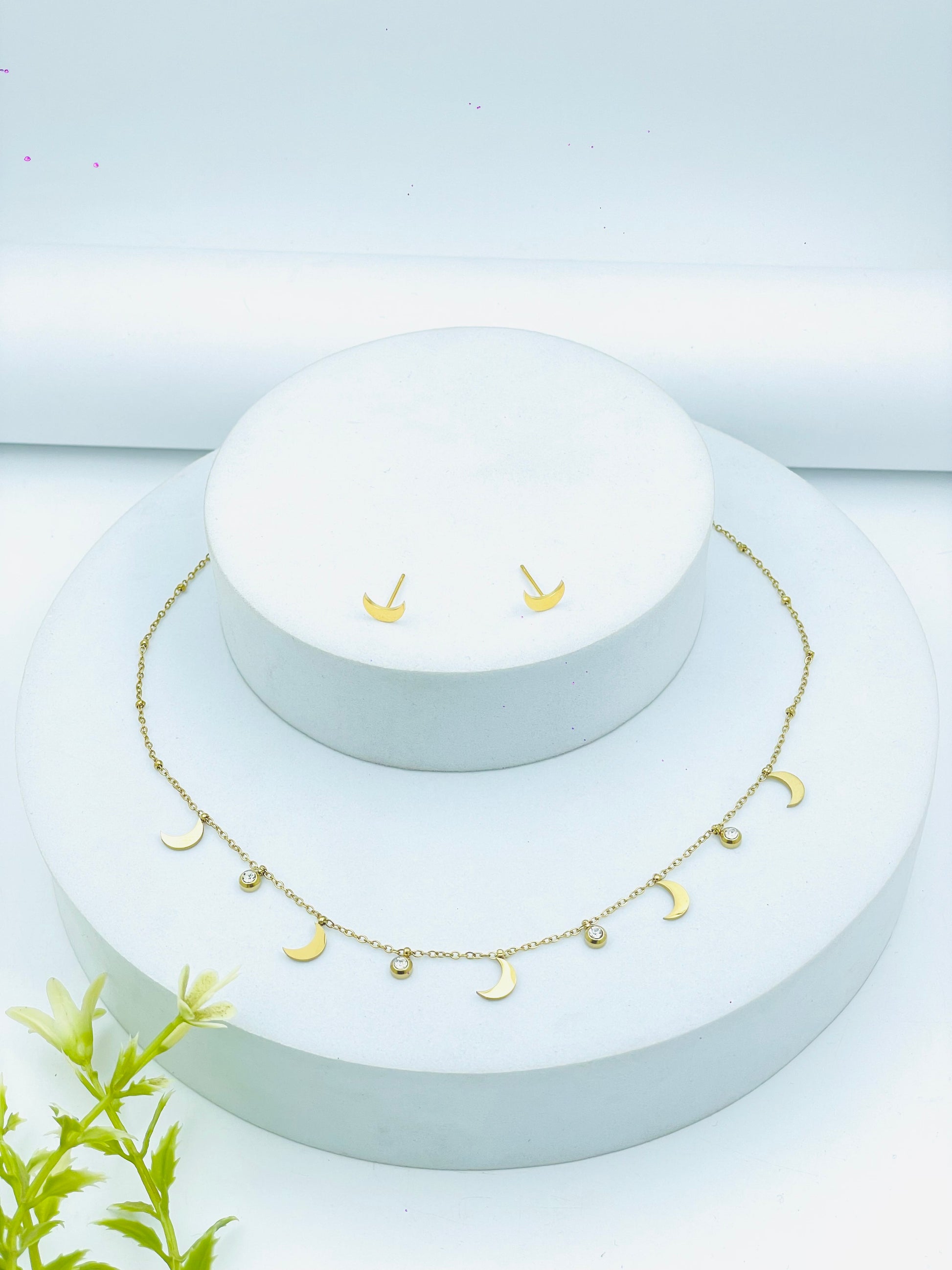 Elegant Gold Moon Necklace and Earrings Set