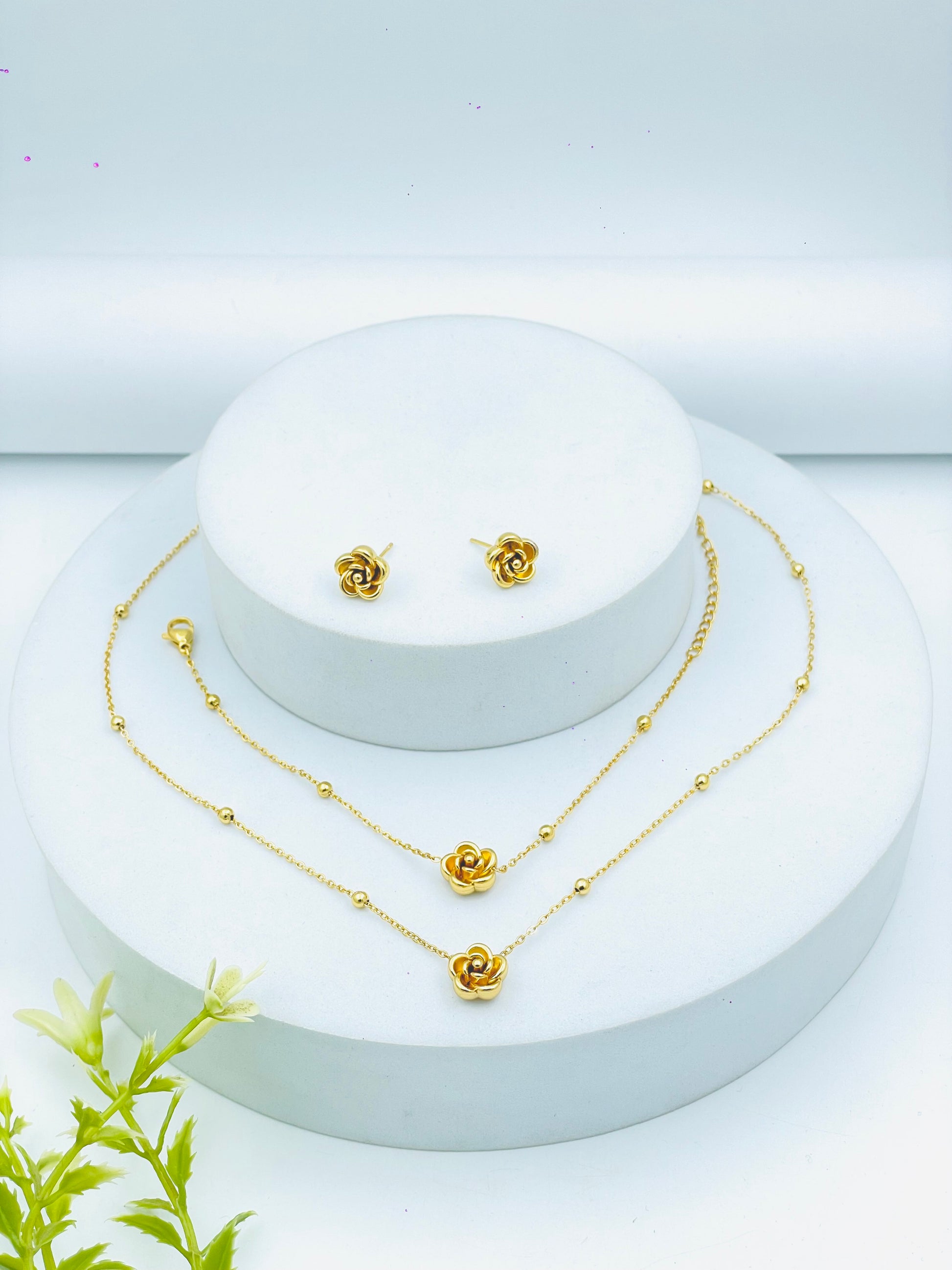 Elegant Gold Rose Jewelry Set  Necklace Bracelet and Earrings