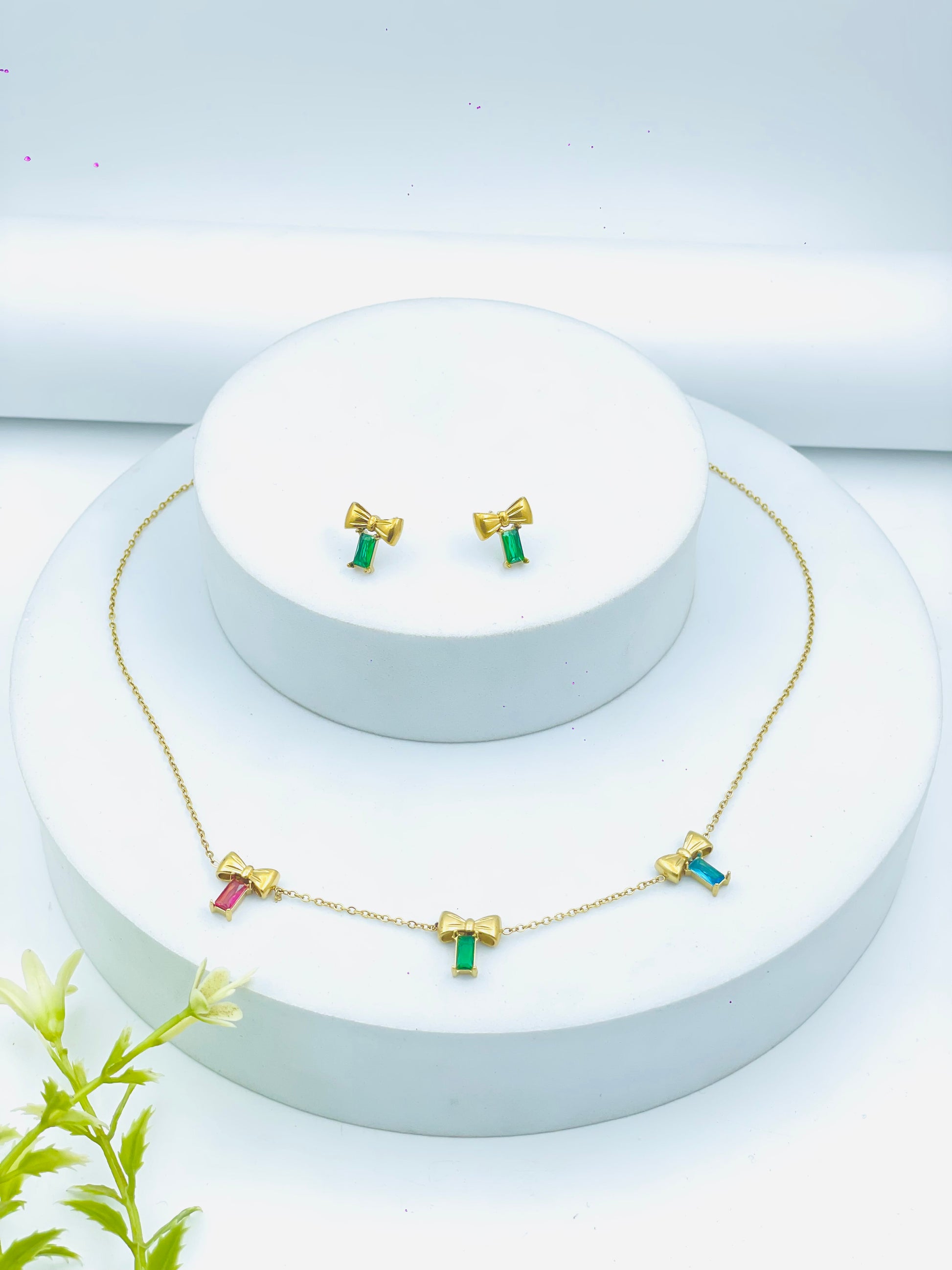 Elegant Gold Necklace and Earring Set with Green Accents