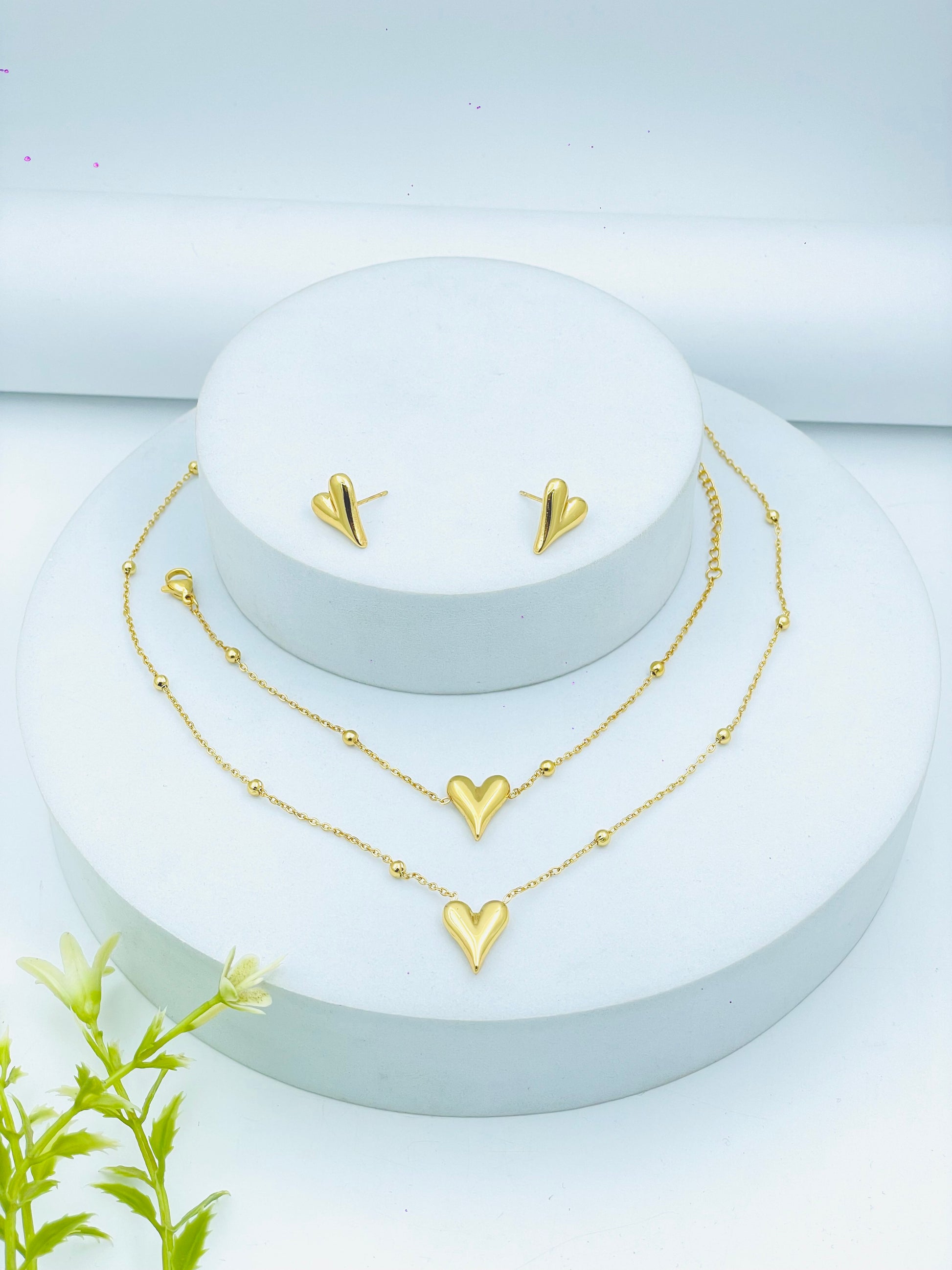 Elegant Gold Heart Jewelry Set  Necklace Earrings