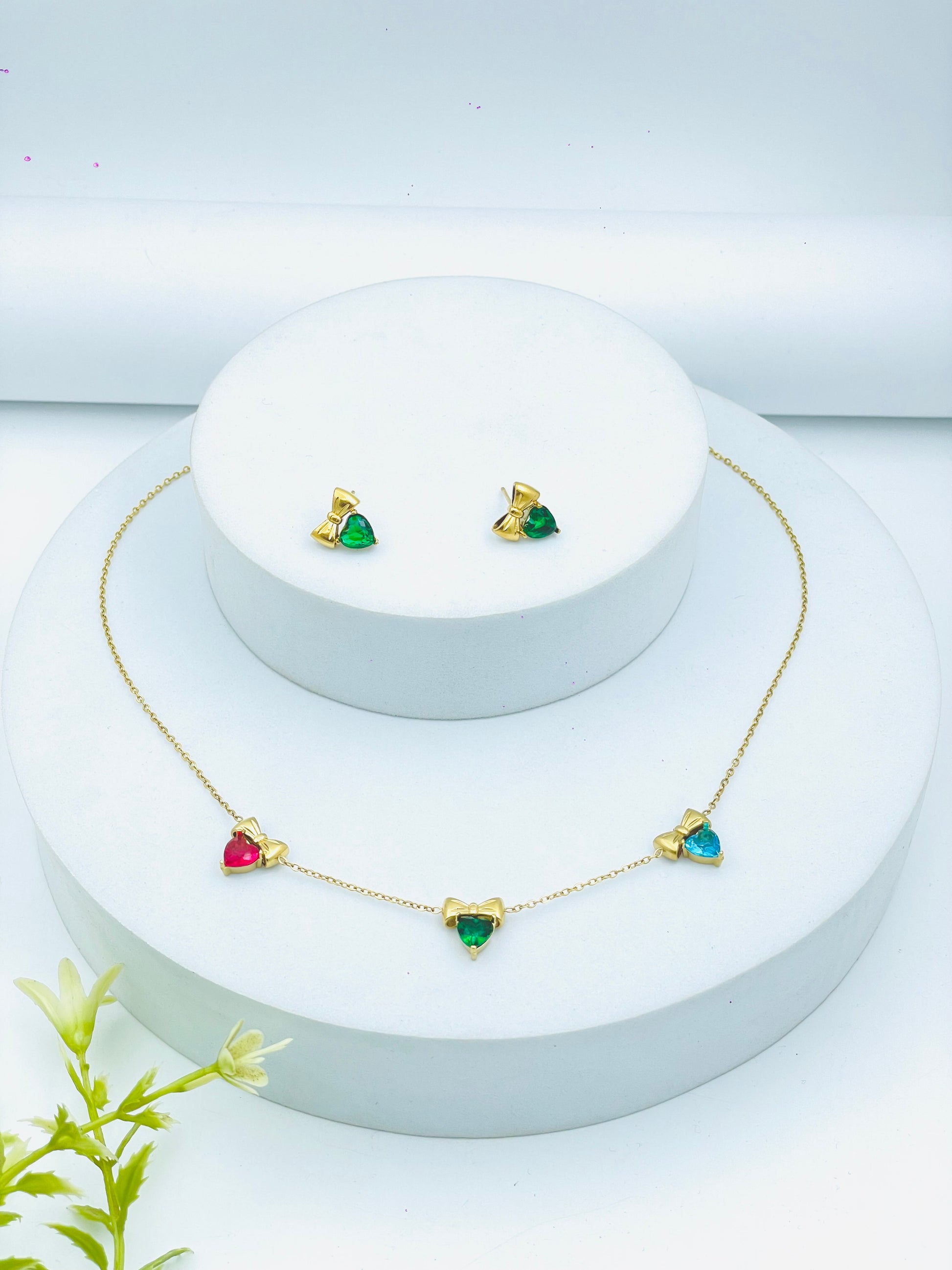TriColor Gemstone Necklace and Earring Set  Elegant Jewelry
