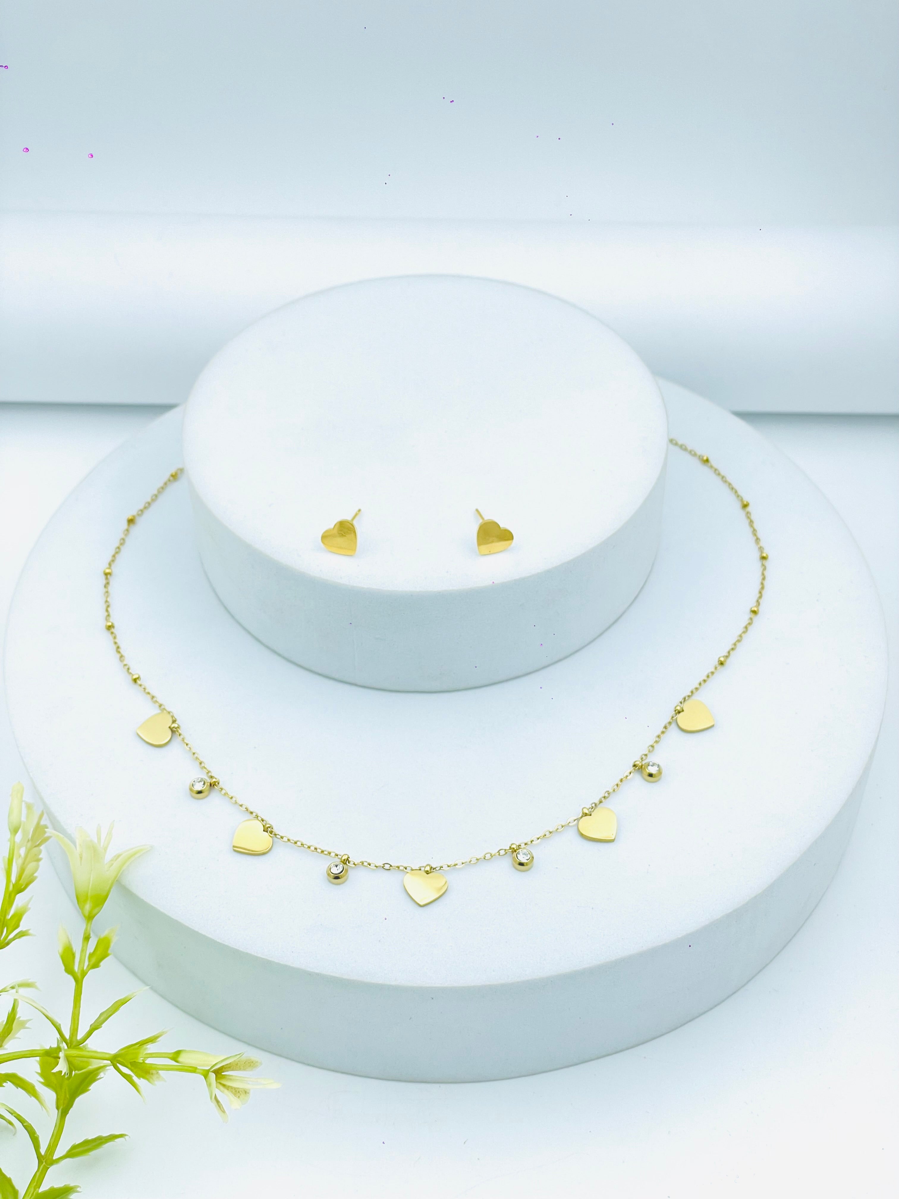 Elegant Gold Heart Charm Jewelry Set  Necklace and Earrings