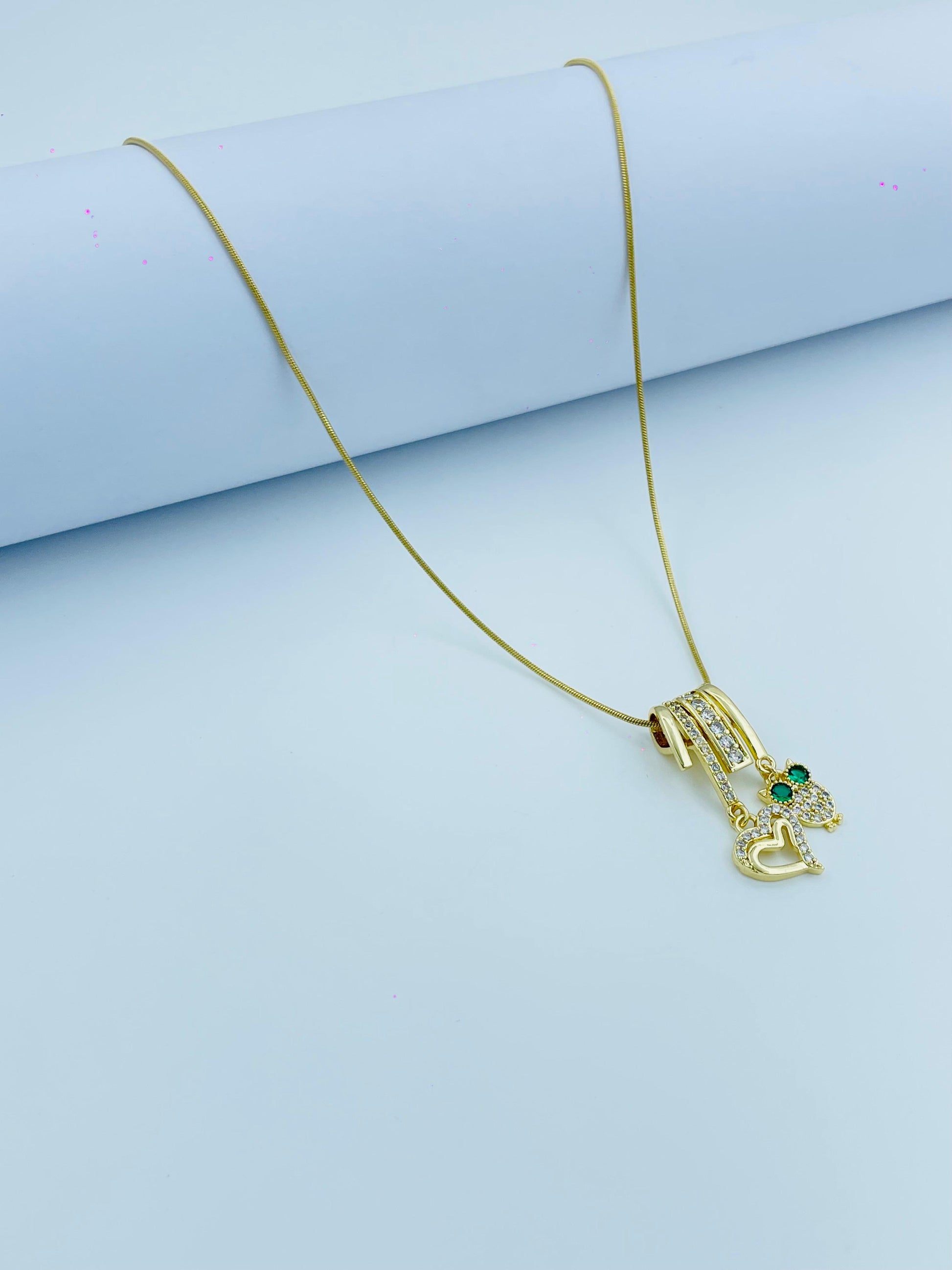 Gold Love Heart Pendant Necklace with Green Butterfly Charm