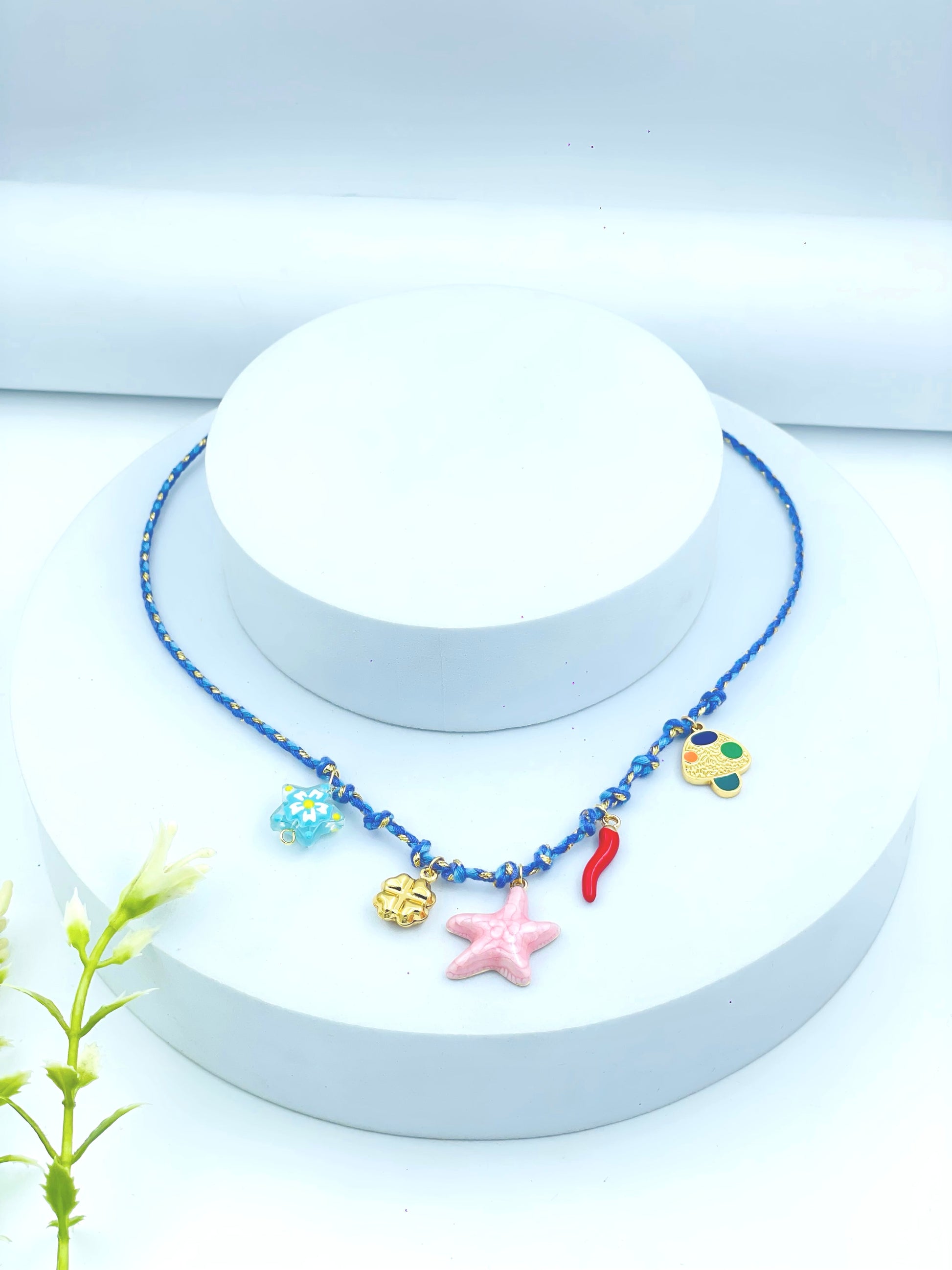 Blue Beaded Charm Necklace with Seathemed Pendants