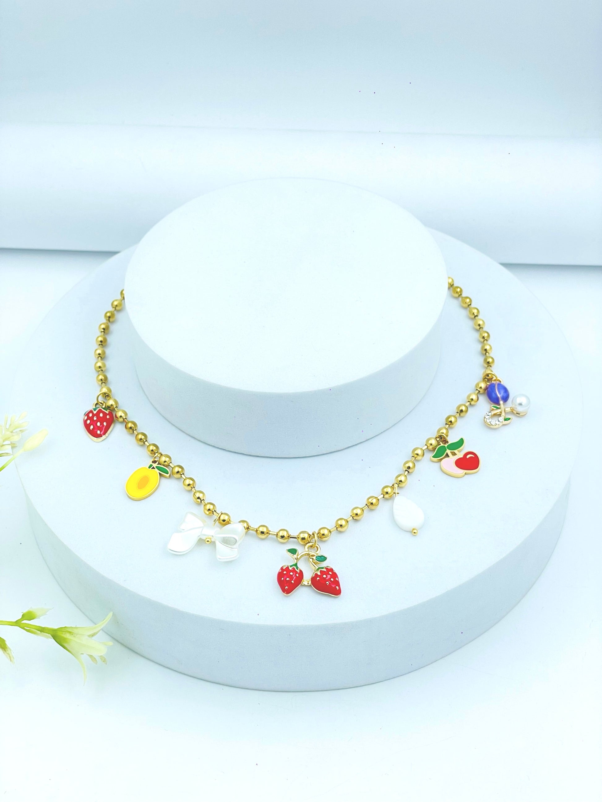 Charming Gold Bead Bracelet with Colorful Fruit Charms
