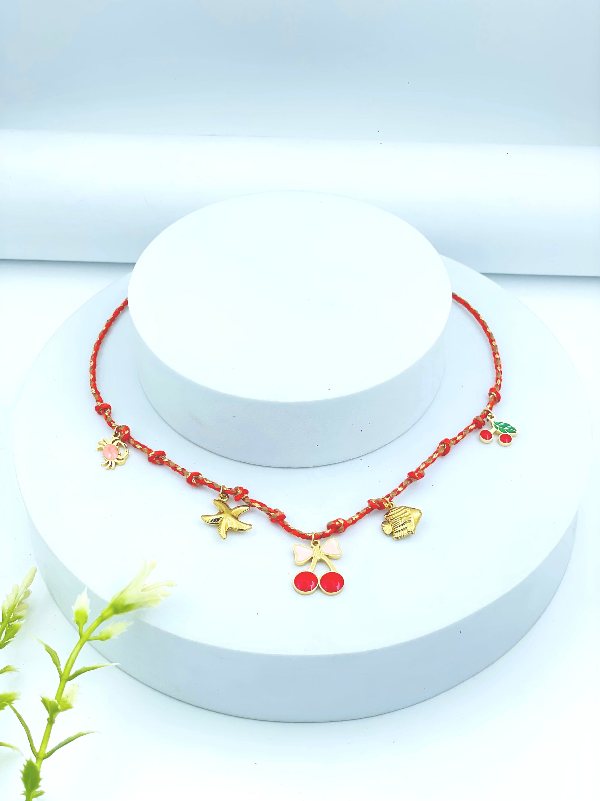 Red Beaded Anklet with Gold Charms  Trendy Summer Accessory