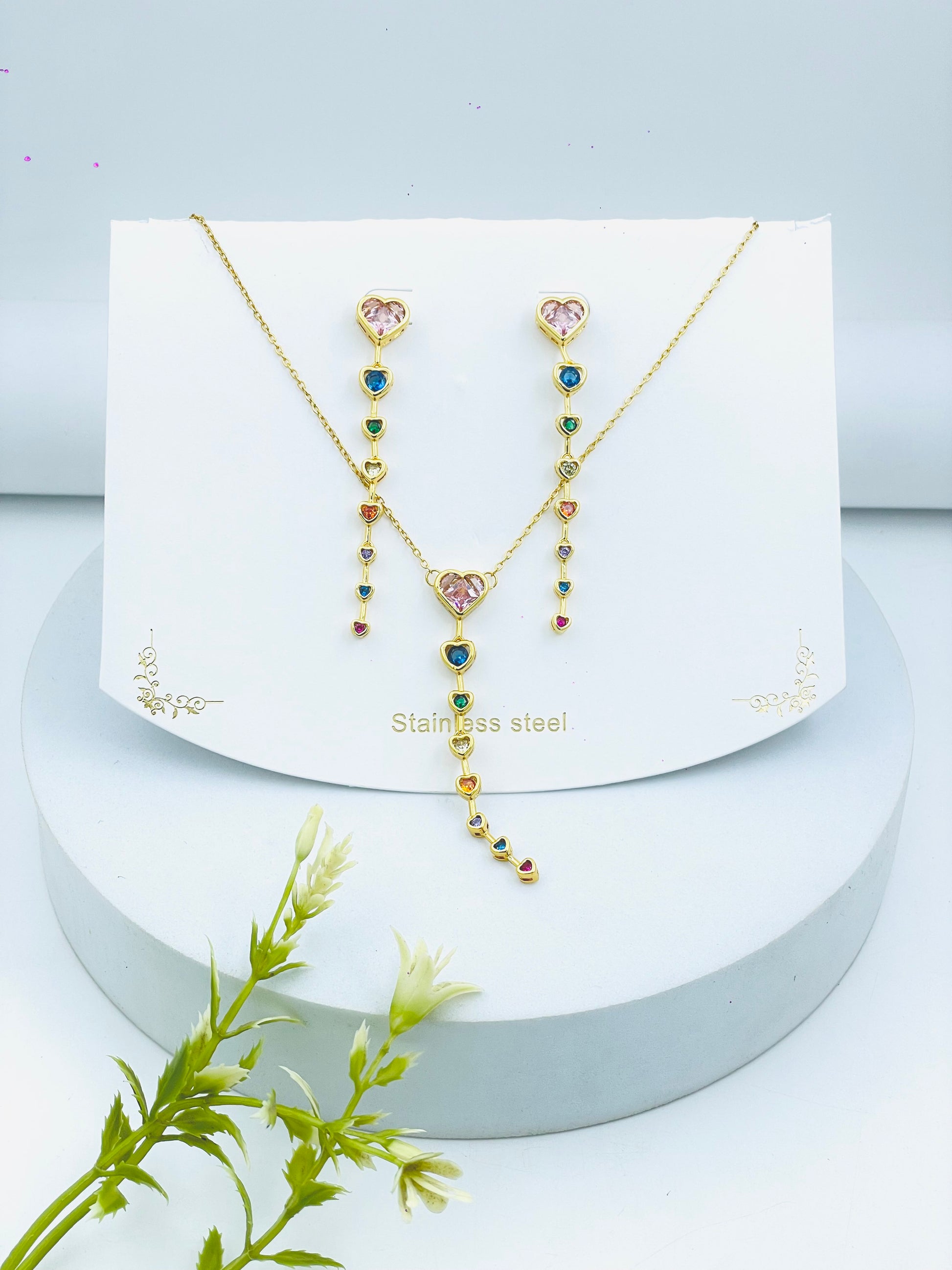 Stainless Steel Heart and Gemstone Jewelry Set  Necklace and Earrings