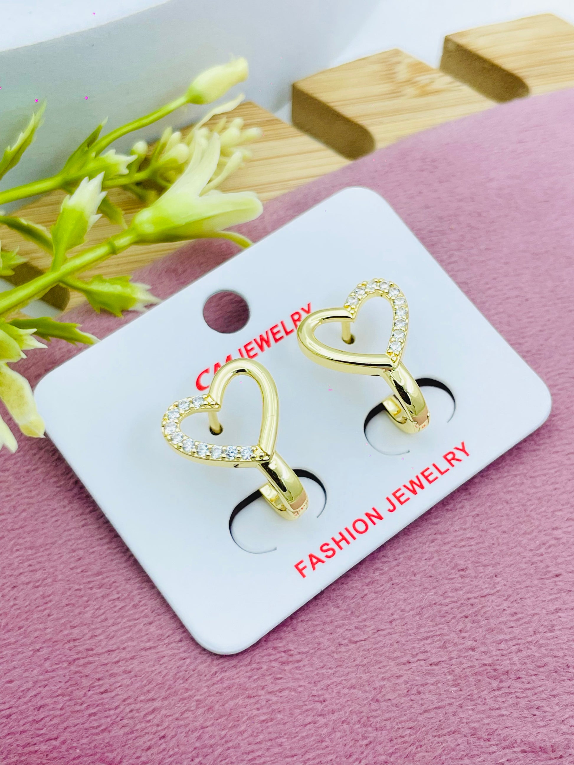 Elegant Gold Heart Earrings with Rhinestones  Fashion Jewelry