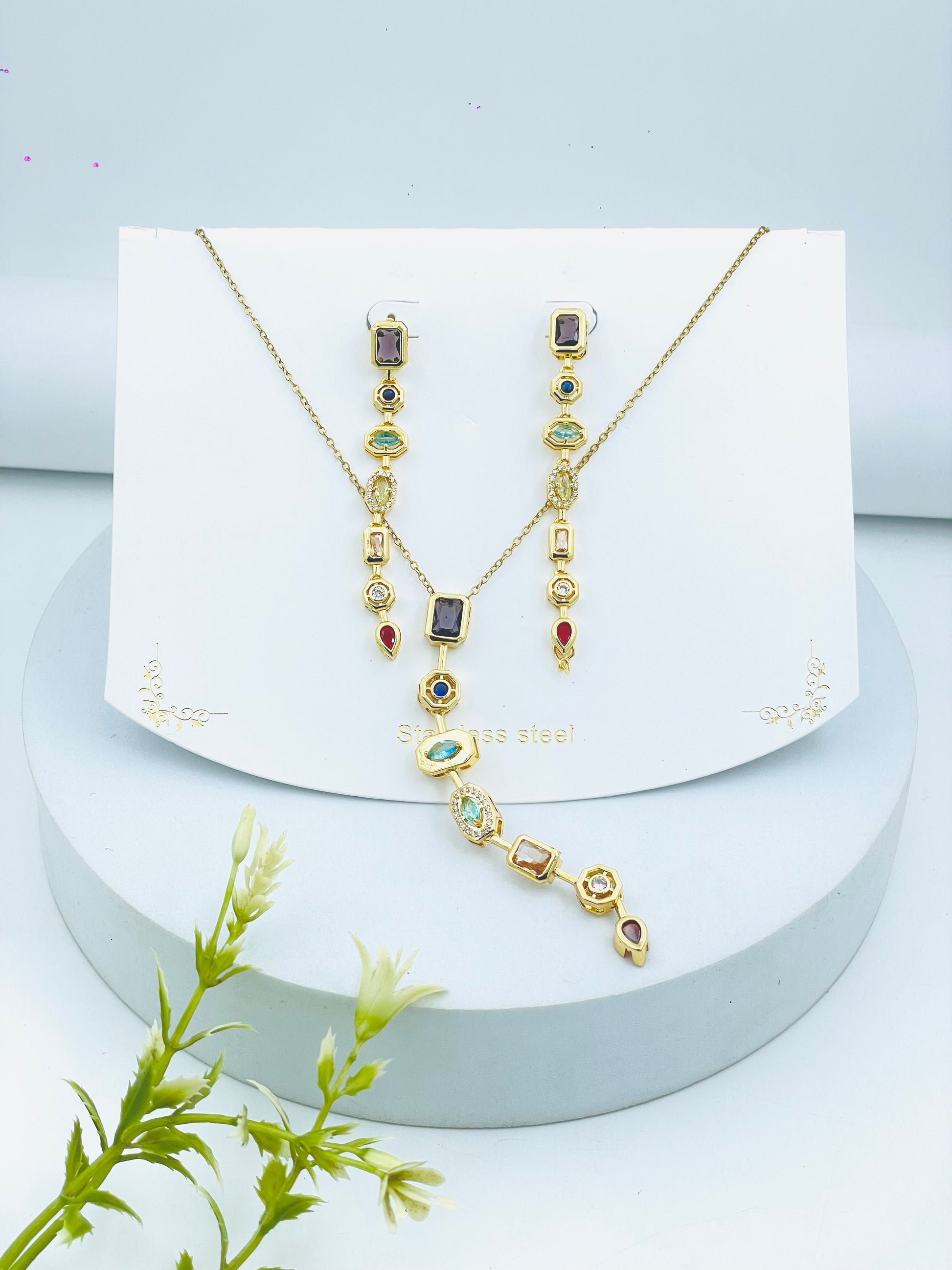 Elegant Gold Tone MultiStone Necklace and Earring Set