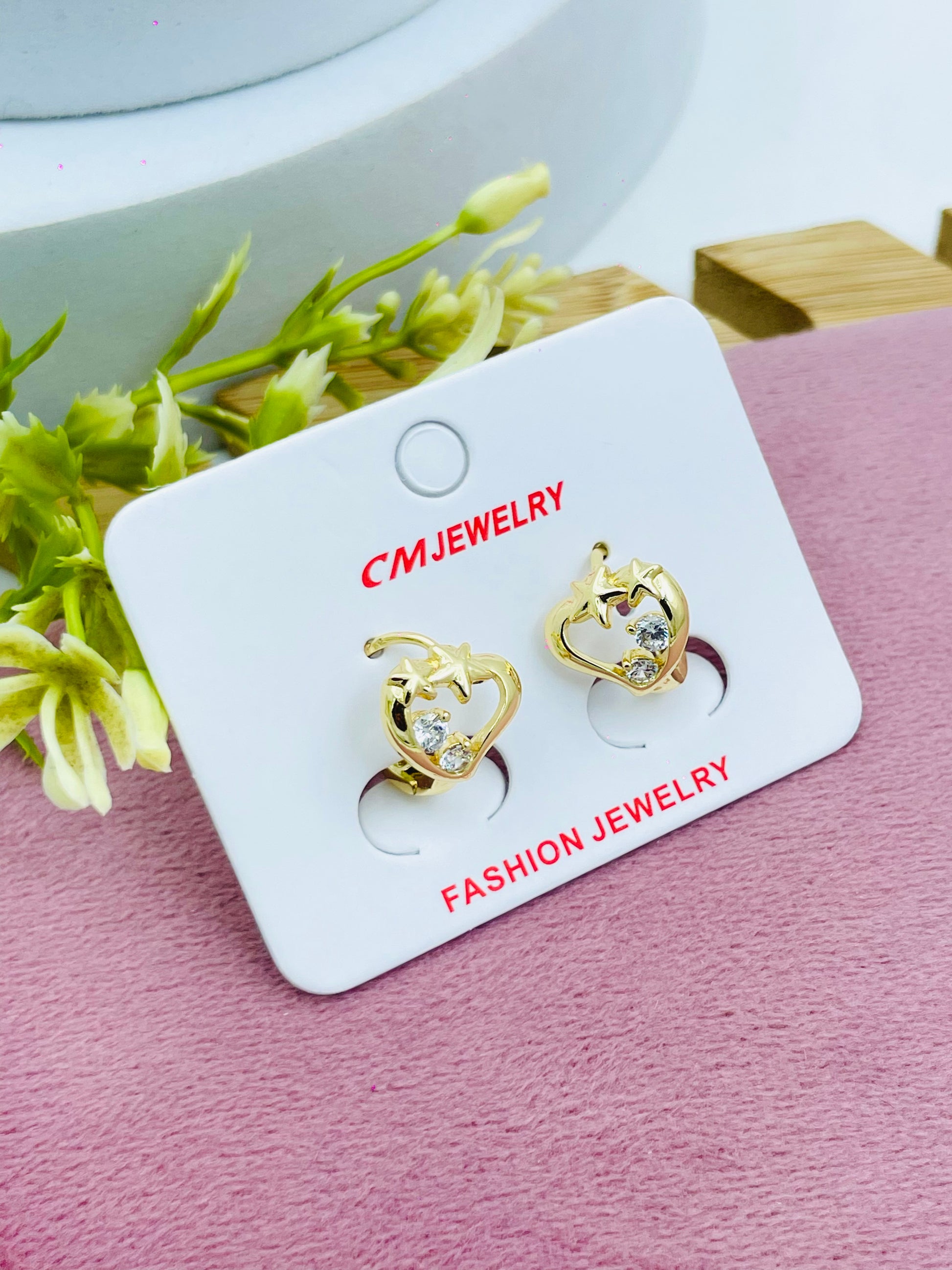 Heart Design Gold Earrings with Crystal Accents  Fashion Jewelry