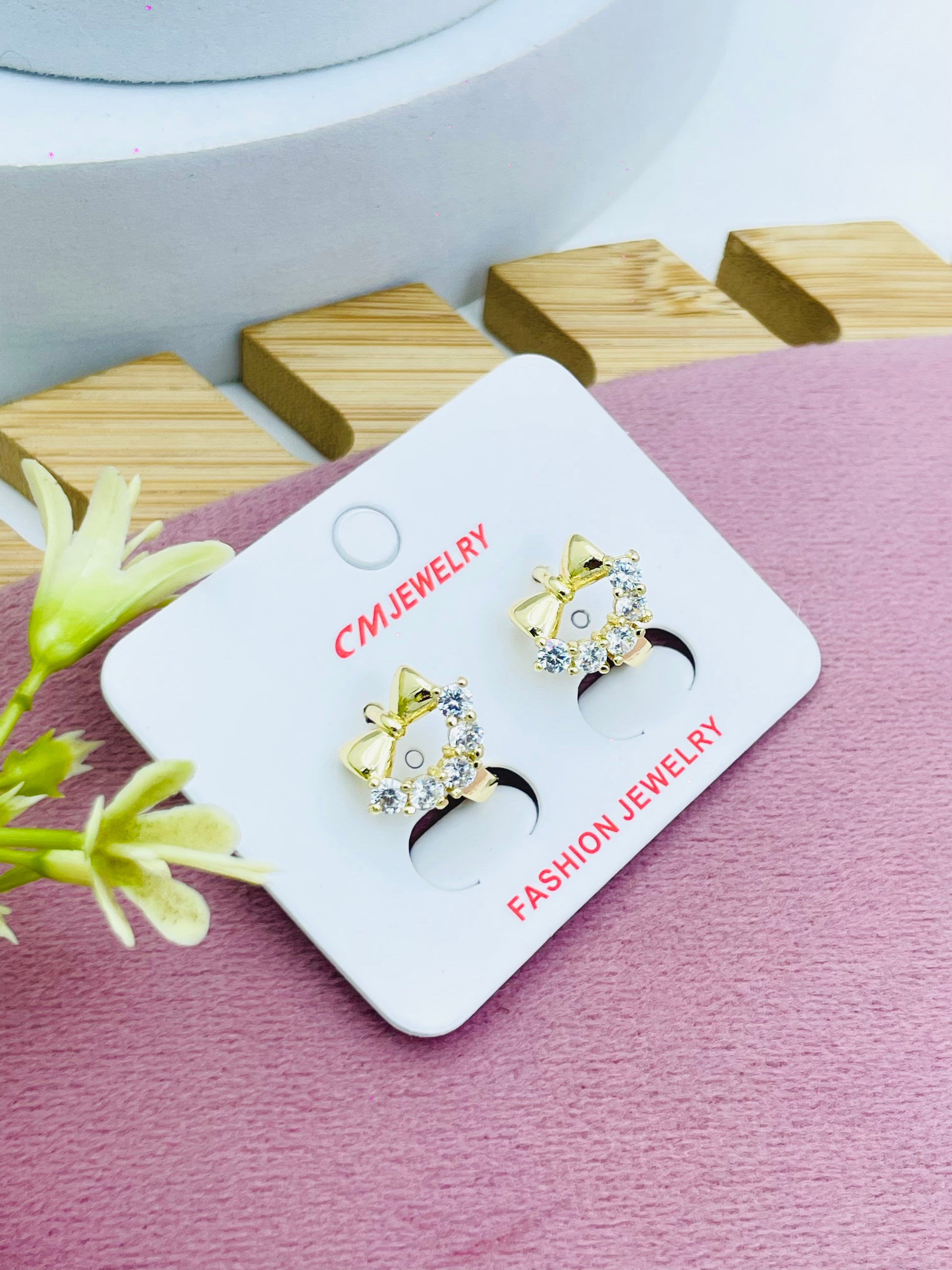 Gold Cat Stud Earrings with Crystals  Jewelry
