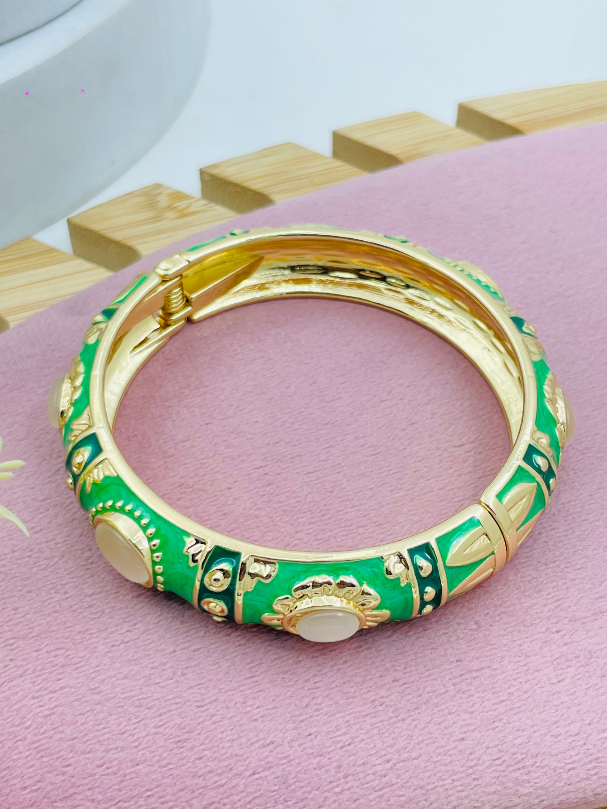 Vintage Style Gold and Green Enamel Bangle