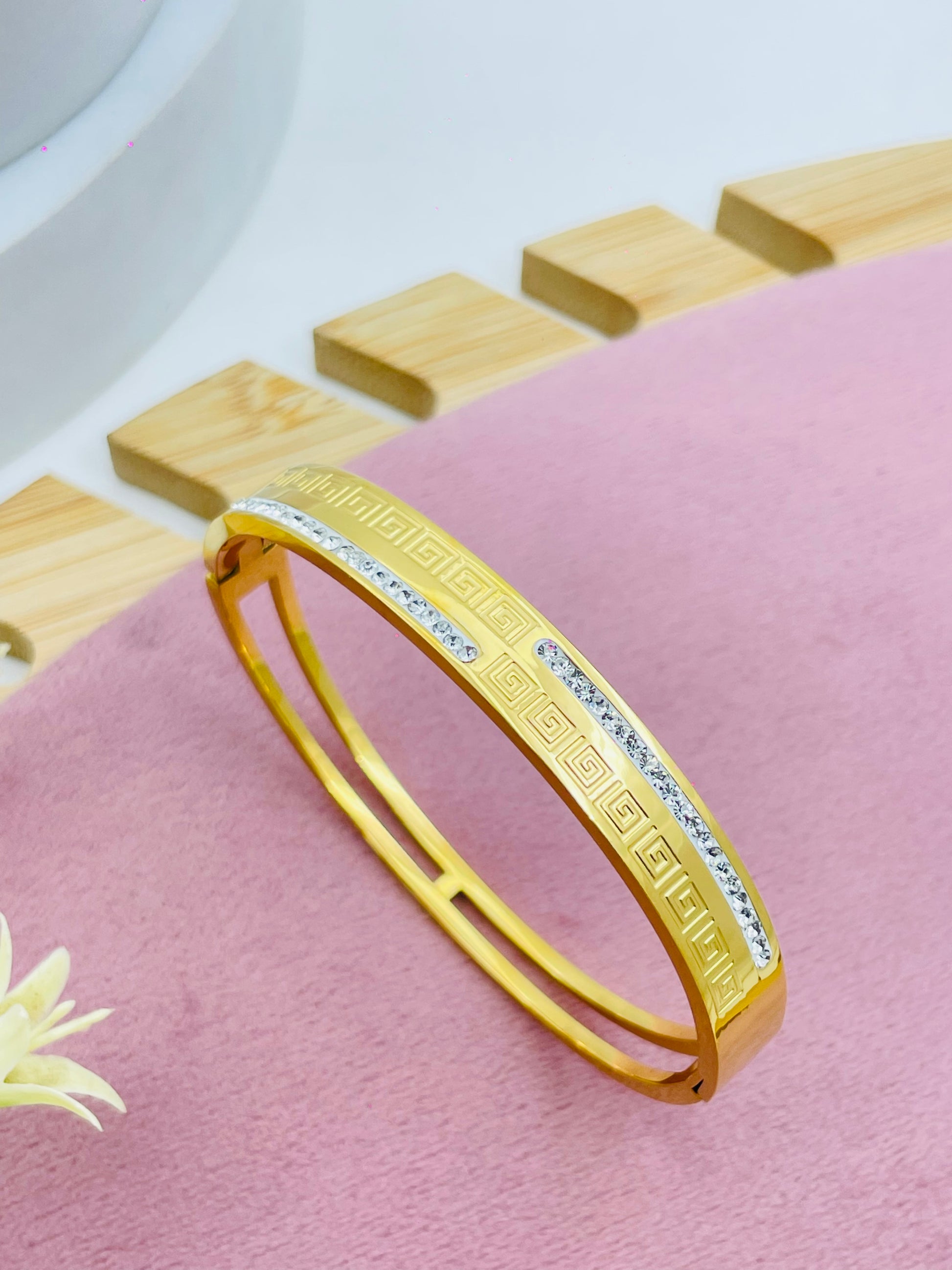 Elegant GoldPlated Greek Key Bangle with Crystal Accents